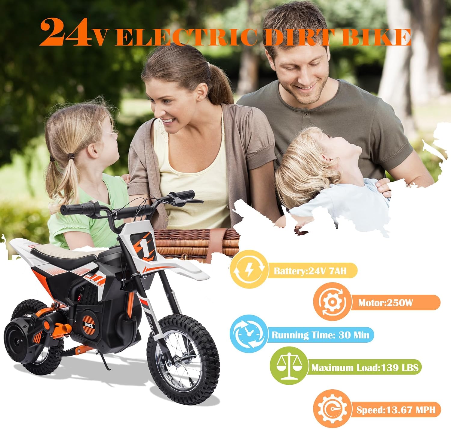 24V Kids Electric Dirt Bike, 250W Strong Motor 14MPH Fast Speed Electric Off-Road Motorcycle, Leather Seat Battery Powered Off-Road Bike, White