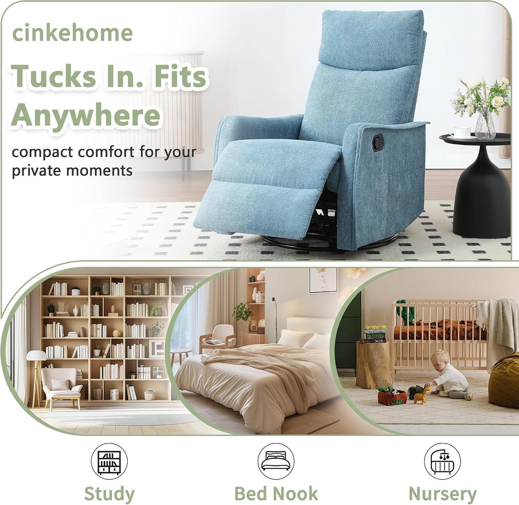 cinkehome Swivel Rocker Recliner Chair with Heated Massage, Rocking Reclining Chairs for Nursery, Small Spaces, High Back, Side Pocket
