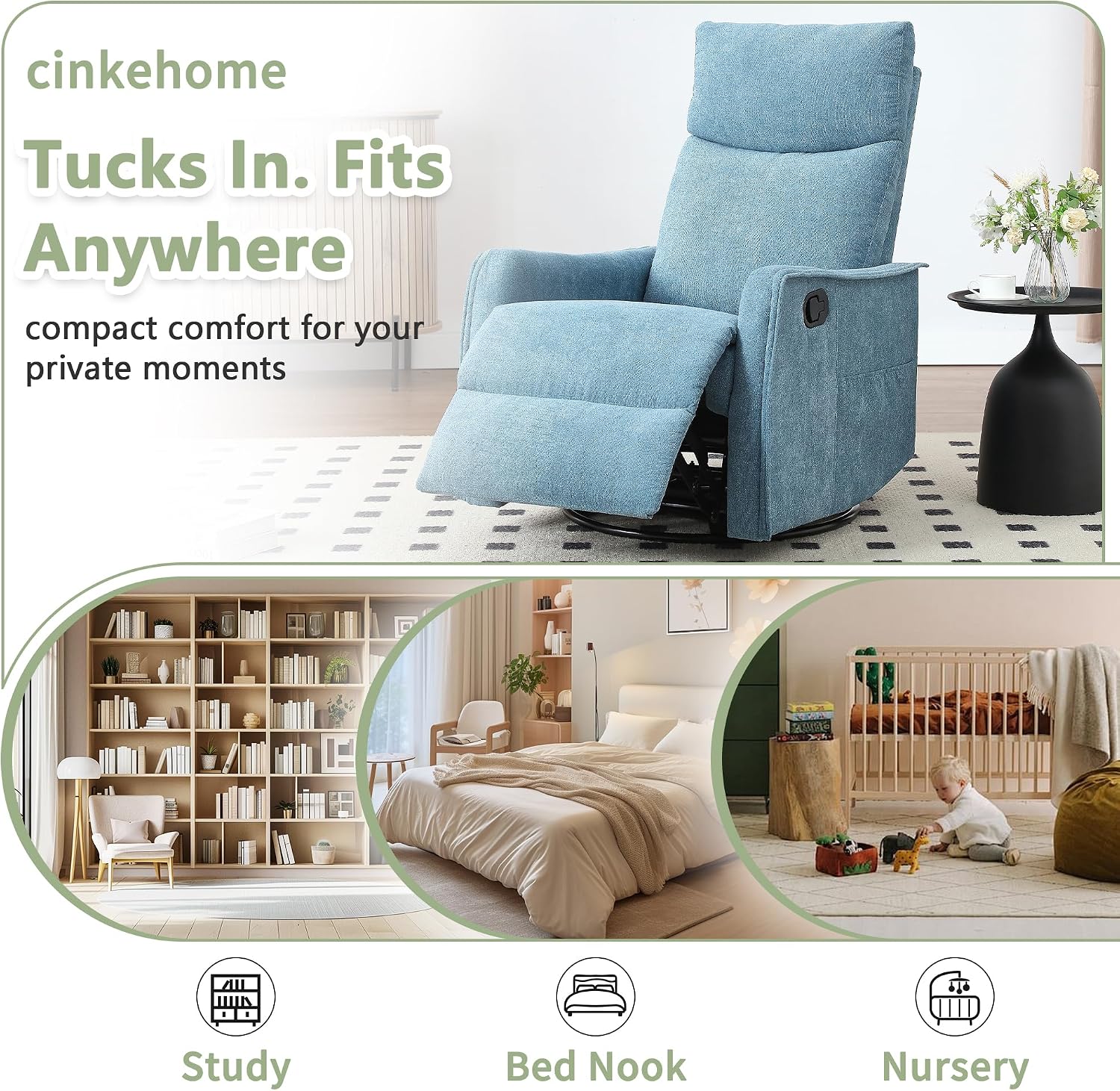 cinkehome Swivel Rocker Recliner Chair with Heated Massage, Rocking Reclining Chairs for Nursery, Small Spaces, High Back, Side Pocket