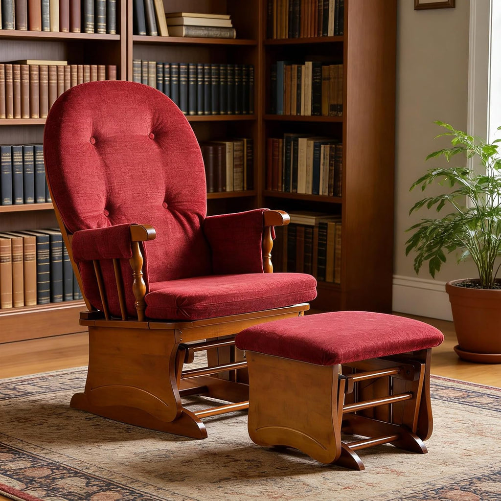Glider Rocking Chair Nursery with Ottoman Smooth Rocking Motion, Easy to Assemble, Solid Hardwood Base Indoor Adult(Red)