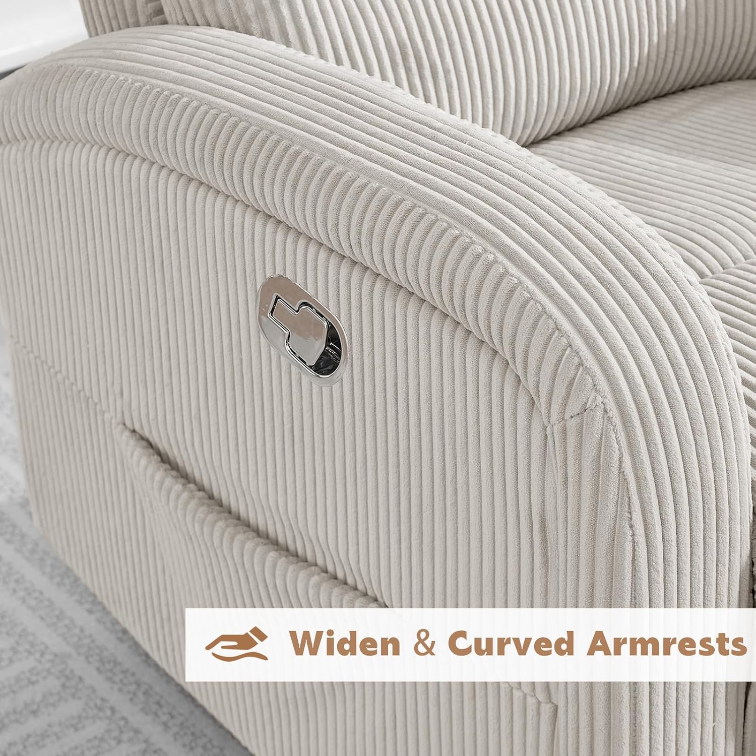 Swivel Rocker Recliner Glider Rocking Chair for Nursery, Corduroy Recliner with Chunky Cushion, Manual Swivel Recliner Chair for Living Room, Bedroom, Nursery(Camel)