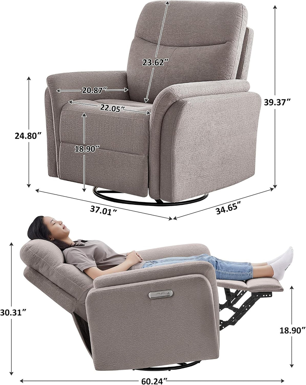 VANOMi Power Recliner Chair Swivel Glider, Electric Rocking Recliner Chairs with USB and Type-C Ports, Nursery Chair Recliner for Living Room, Bedroom, Apartment（Light Brown）