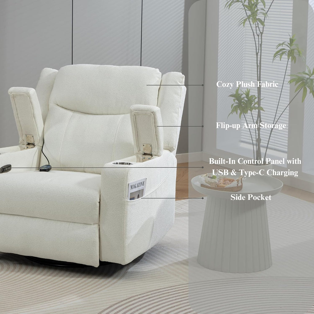 Power Oversized Swivel Rocker Recliner with Dual Motor Adjustable Headrest for Adults, Glider Rocking Chair with Heat Massage, LED Light, USB C Charging, Armrest Storage, Cup Holder