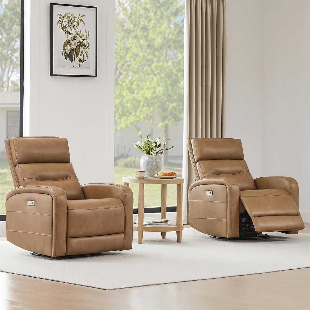Watson & Whitely Swivel Power Recliner Glider Rocker, Small Recliner with Charging Port for Living Room, Faux Leather in Camel