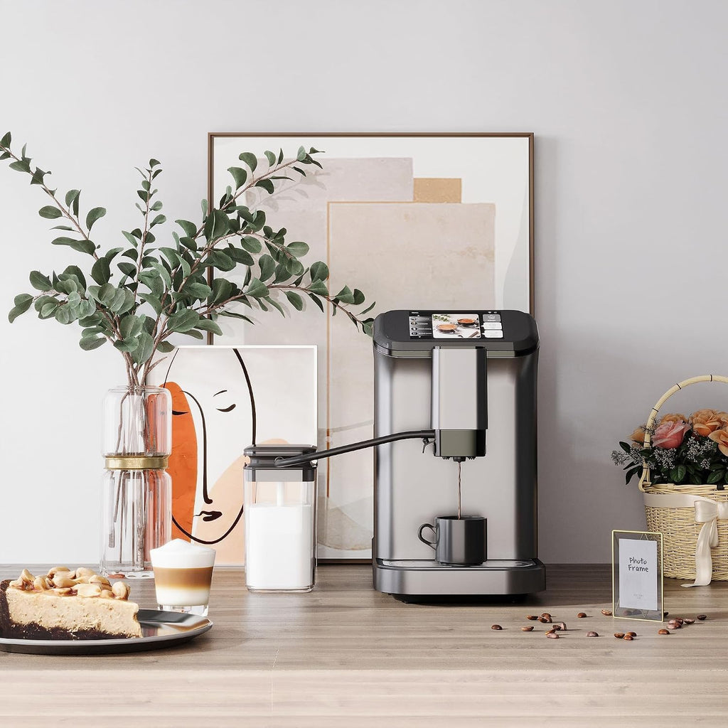 Garvee Fully Automatic Espresso Machine with Built-In Grinder and Milk Frother, 4-Beverage Cappuccino and Latte Maker with Intuitive Touch Display, Gunmetal Finish