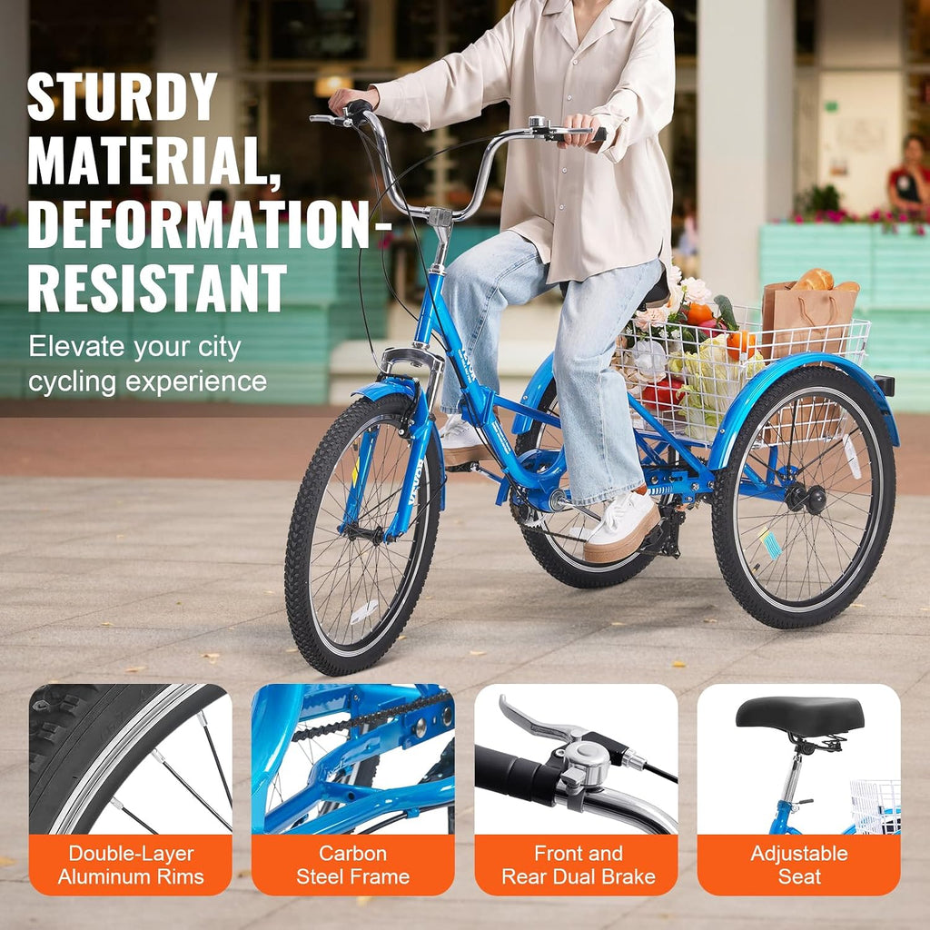 VEVOR Folding Adult Tricycle,Adult Folding Trikes, 3 Wheel Cruiser Bike with Large Basket & Adjustable Seat, Shopping Picnic Foldable Tricycles for Women, Men, Seniors