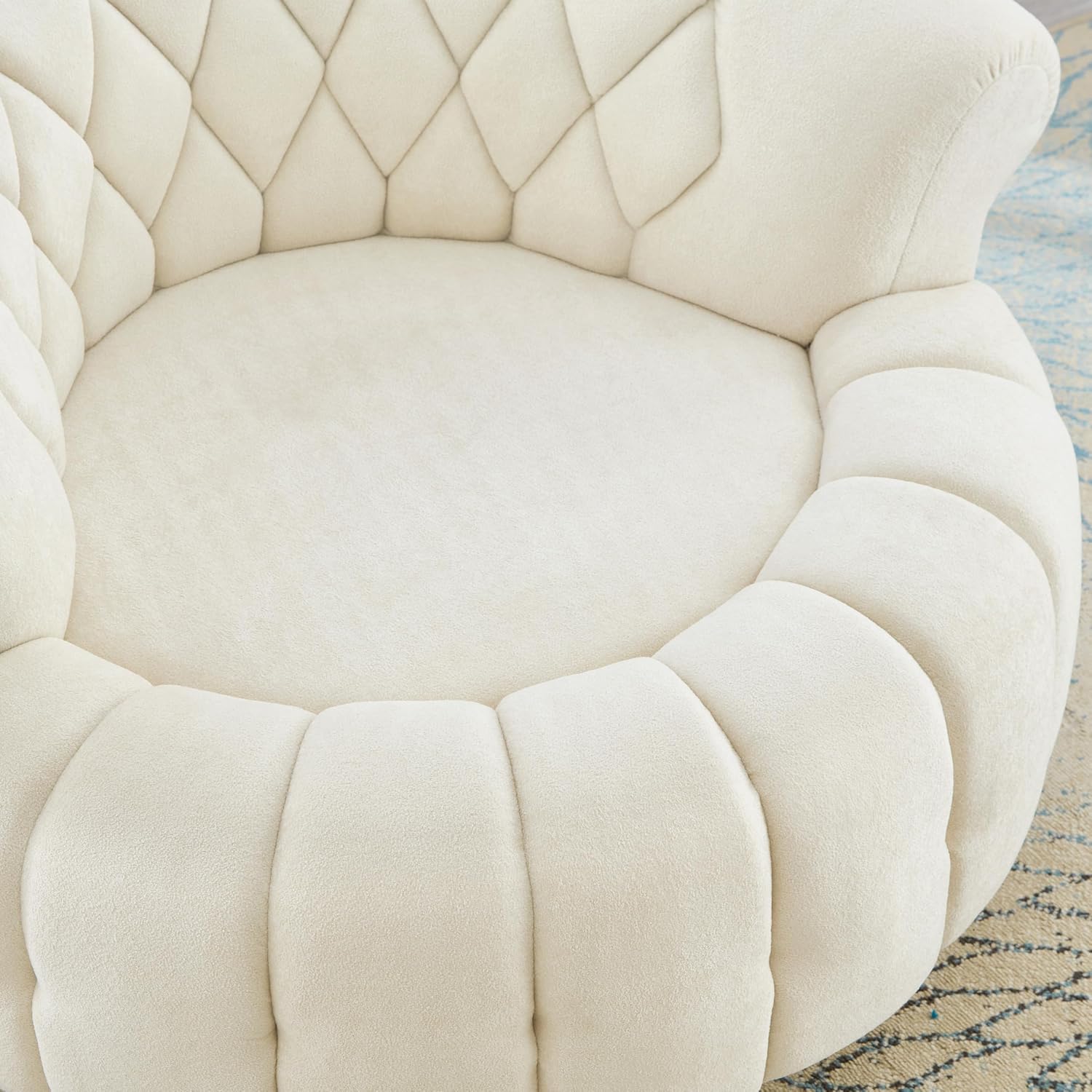 360° Swivel Accent Chair, Chenille Fabric Barrel Swivel Chair Round Club Chair with Curved Armrests & Thick Cushioning, Stylish Channel-Tufted & Diamond-Quilted Backrest for Living Room (Beige,02)