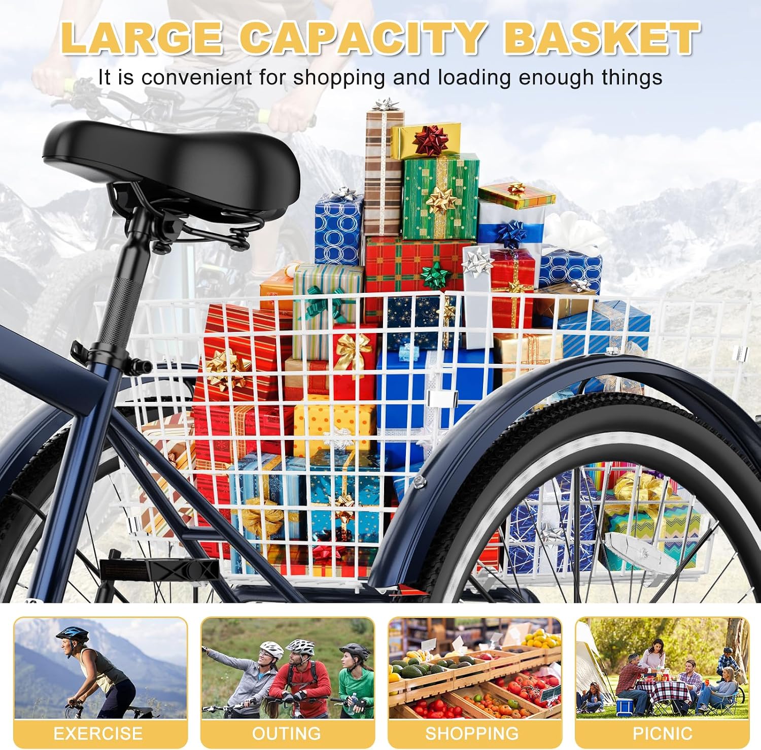 NAIZEA Adult Mountain Tricycle, 7 Speed Three Wheel Cruiser Bike, 27.5 Inch Adults Trikes with Shopping Basket, Exercise Men's Women's Tricycles, Multiple Colors