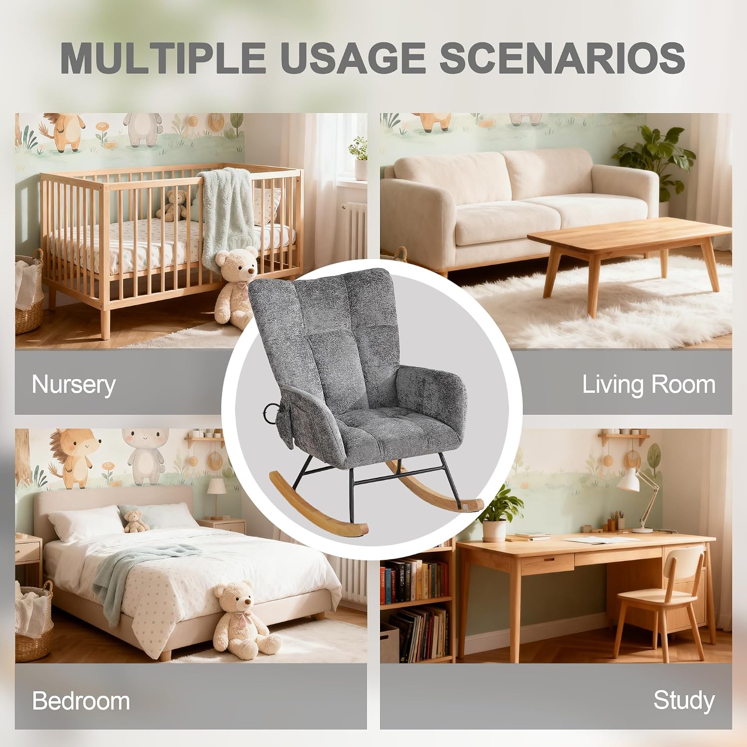 Rocking Chair Nursery with Airbag, Comfy Nursery Rocking Reading Chair Indoor, Cozy Upholstered Glider Rocker Chairs for Living Room Bedroom Offices, Sillas Mecedoras(Chenille, Dark Grey)