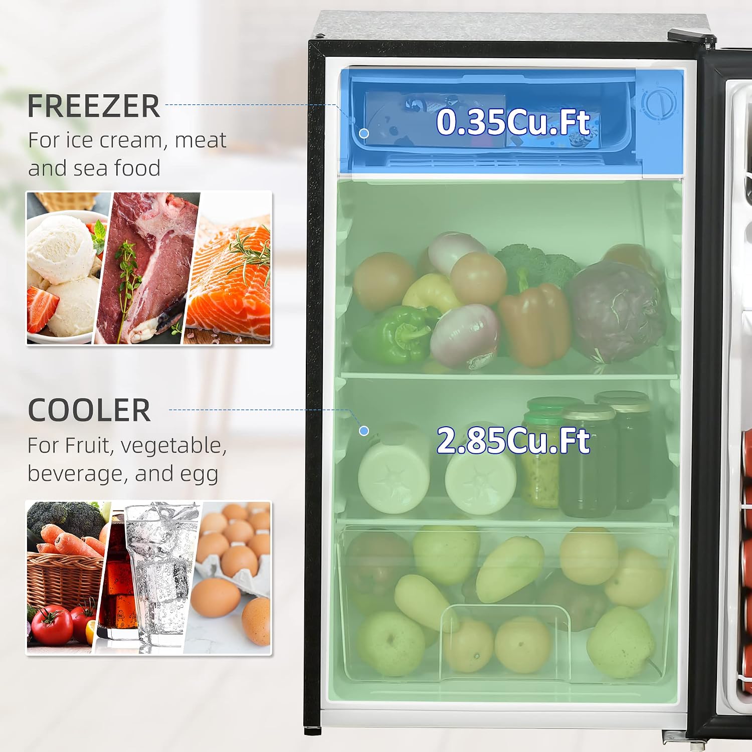 HOMCOM 3.2 Cu.Ft Mini Fridge with Freezer, Compact Refrigerator with Adjustable Thermostat, Shelf and Single Reversible Door for Bedroom, Dorm, Home Office, Energy Efficient, Black