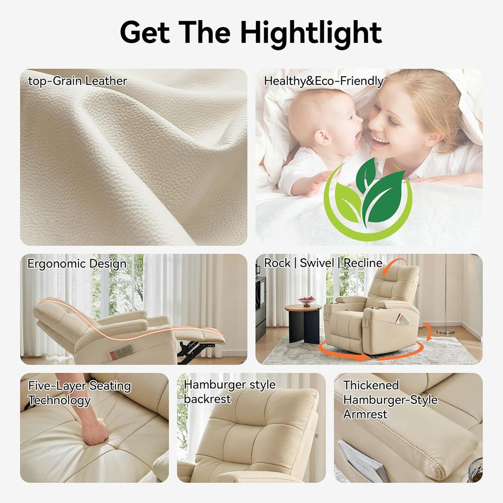 AIRSKY Leather Recliner Chair, Swivel Rocker Recliner Chair, Rocking Chair Nursery, Glider Rocking Chair with Thick Cushion, Oversize Glider Rocking Chair, Nursery Chair with High Back, Beige,R2
