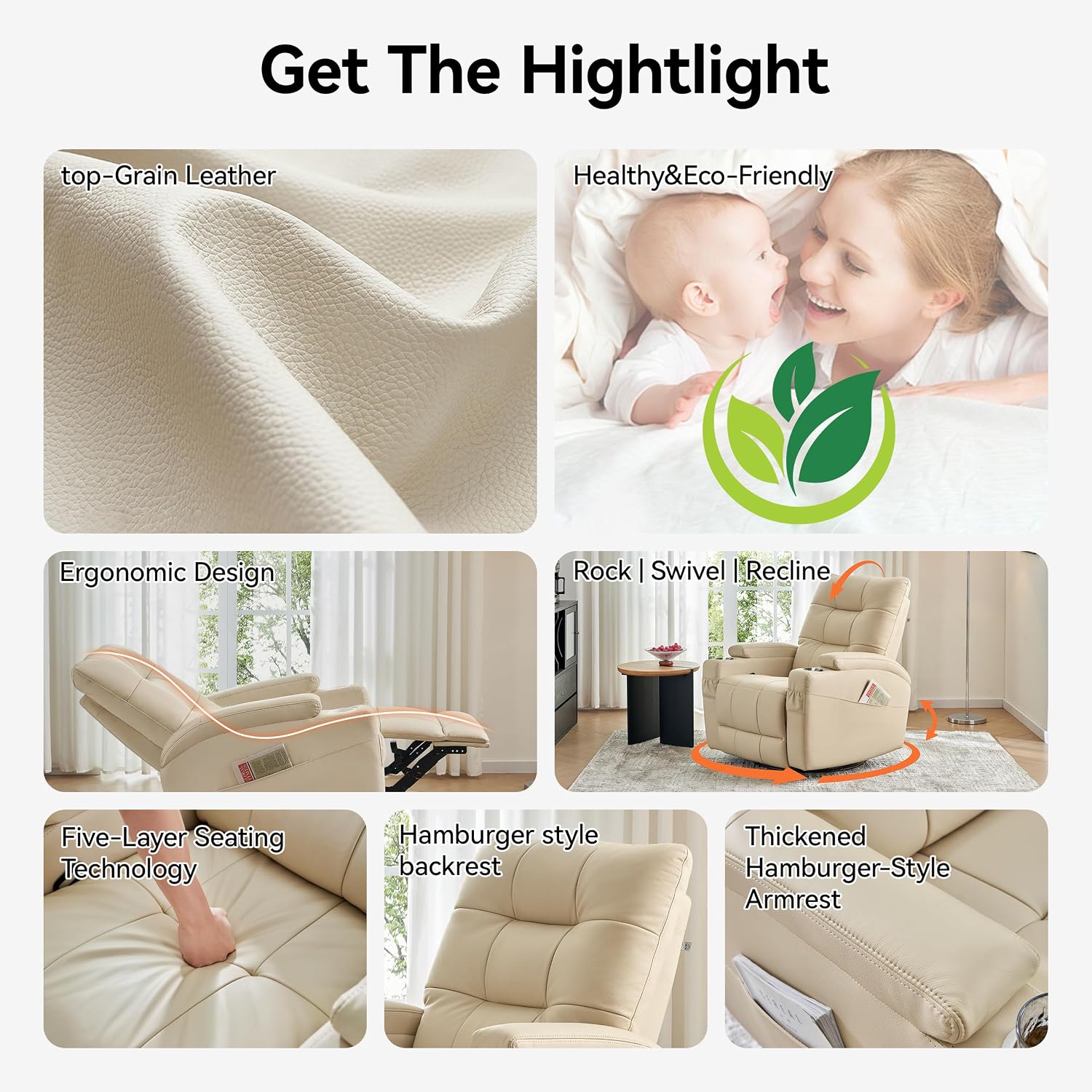 AIRSKY Leather Recliner Chair, Swivel Rocker Recliner Chair, Rocking Chair Nursery, Glider Rocking Chair with Thick Cushion, Oversize Glider Rocking Chair, Nursery Chair with High Back, Beige,R2