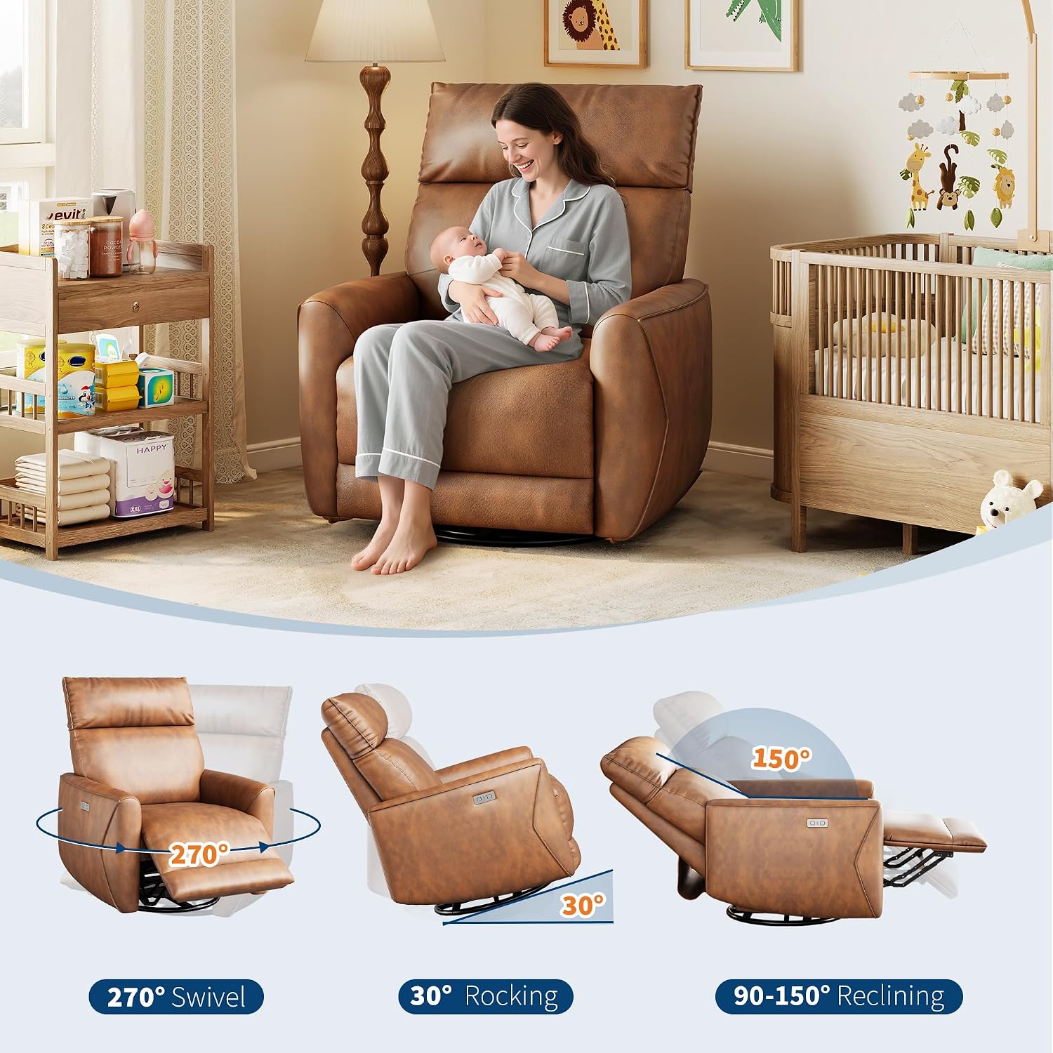 Power Recliner Chair, 270° Swivel Glider with USB Charging Port, Large PU Leather Seat, Wide 22.4', Ergonomic High Back for Living Room, Nursery (Power Walnut)