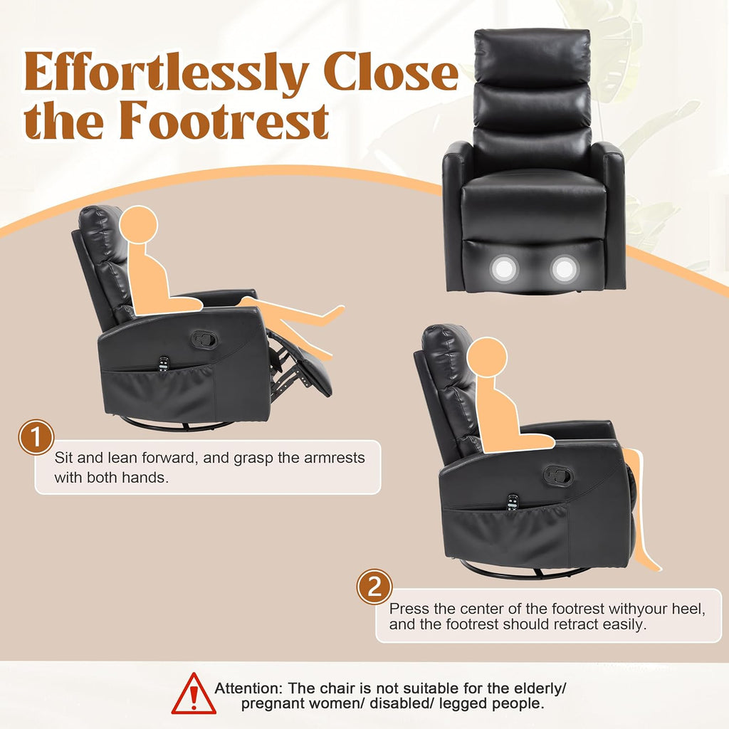 Manual Swivel Rocker Recliner Chair for Adults, Overstuffed Reclining Glider Chair for Nursing with Vibration Massage & Heat, Living Room Rocking Recliner 3-Stage backrest, Faux Leather Black