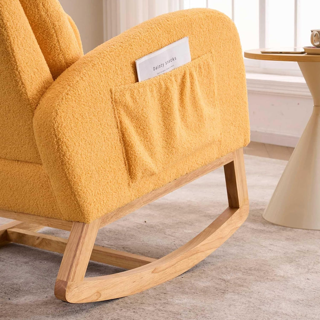 Nursery Rocking Chair with Foot Rest & Side Pocket, 300lbs Capacity, Rocking Chairs with High Backrest, Suitable for Living Room Bedroom, Comfort (Yellow)