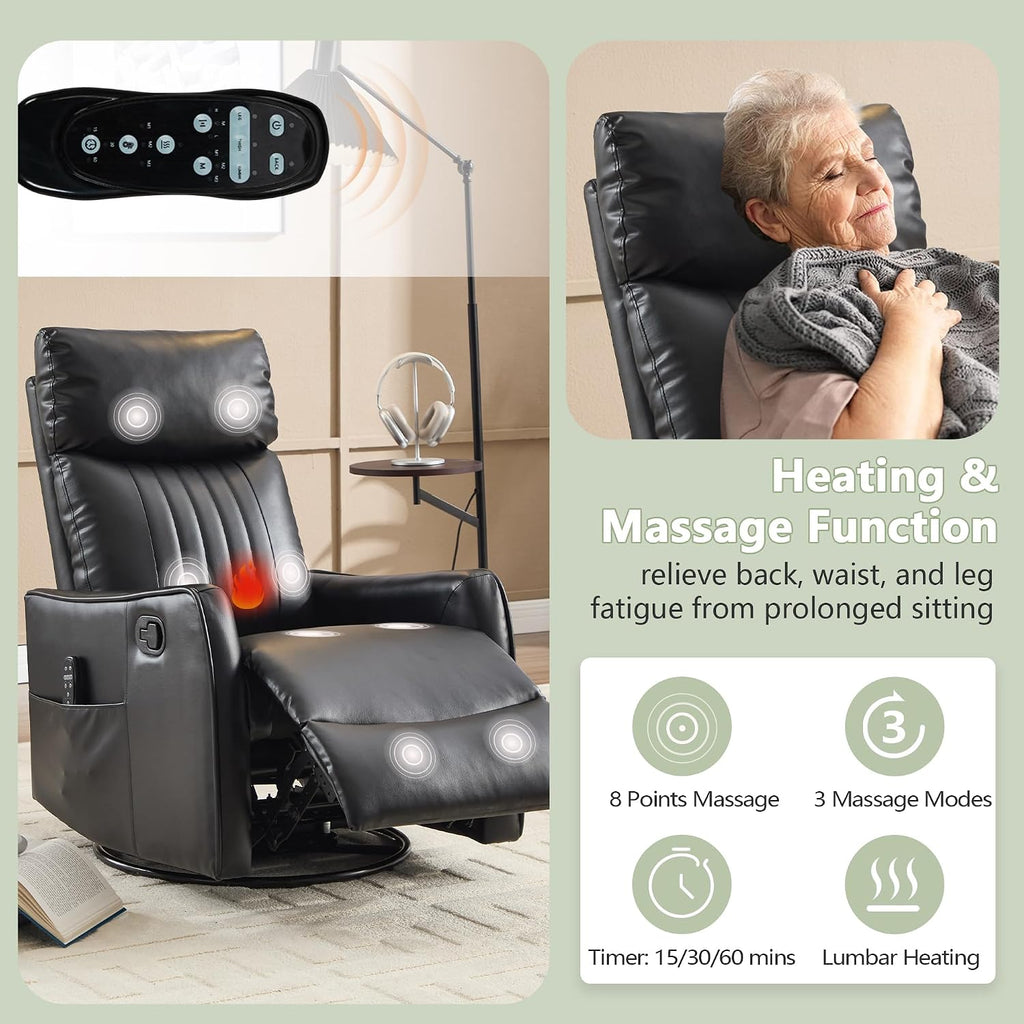 cinkehome Heated Massage Swivel Rocker Recliner Chair for Nursery - Small Space Reclining Chair with Lumbar Support, 360° Swivel & Gentle Rocking, Ergonomic High Back Faux Leather Black
