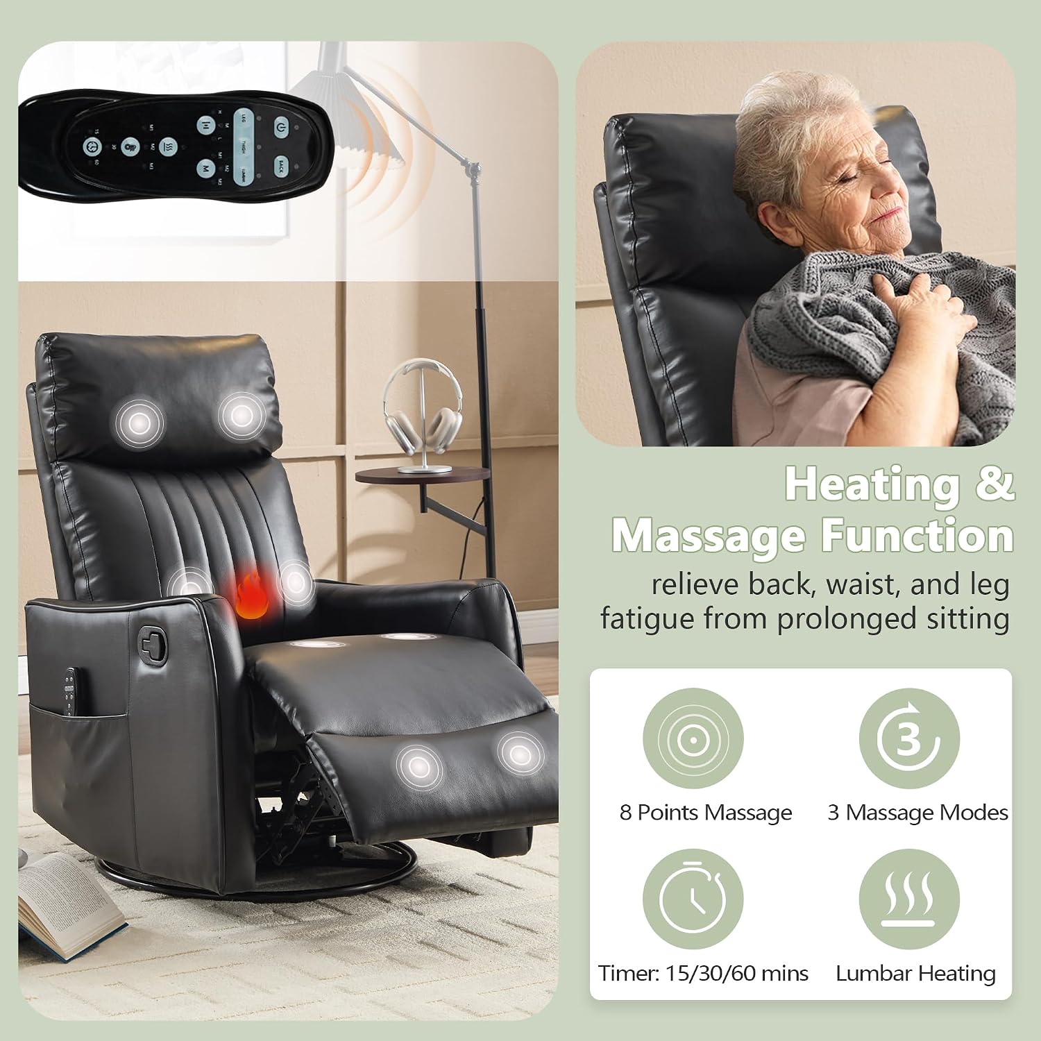 cinkehome Heated Massage Swivel Rocker Recliner Chair for Nursery - Small Space Reclining Chair with Lumbar Support, 360° Swivel & Gentle Rocking, Ergonomic High Back Faux Leather Black