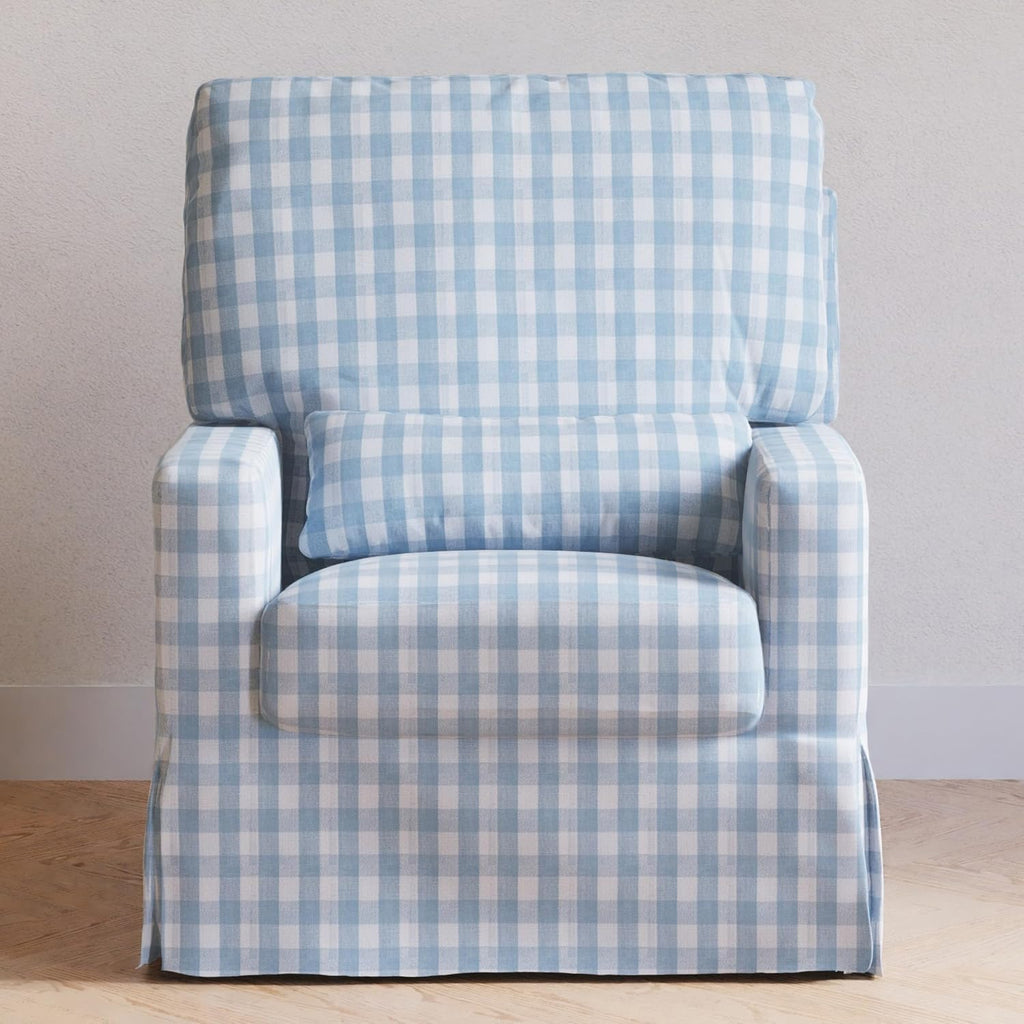 Namesake Crawford Pillowback Comfort Swivel Glider in Blue Gingham, Greenguard Gold & CertiPUR-US Certified