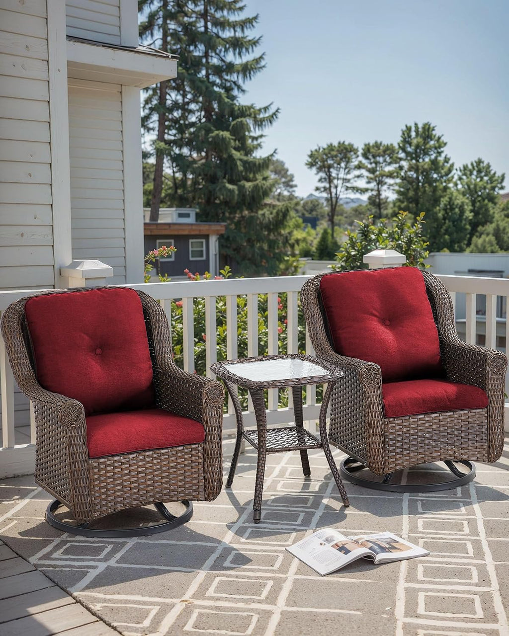 Patio Chairs Outdoor Swivel Glider - Set of 2 High Back Outside Brown Wicker Rattan Rocking Chair with Thick Cushion for Porch Apartment Deck Yard Poolside Garden - Red
