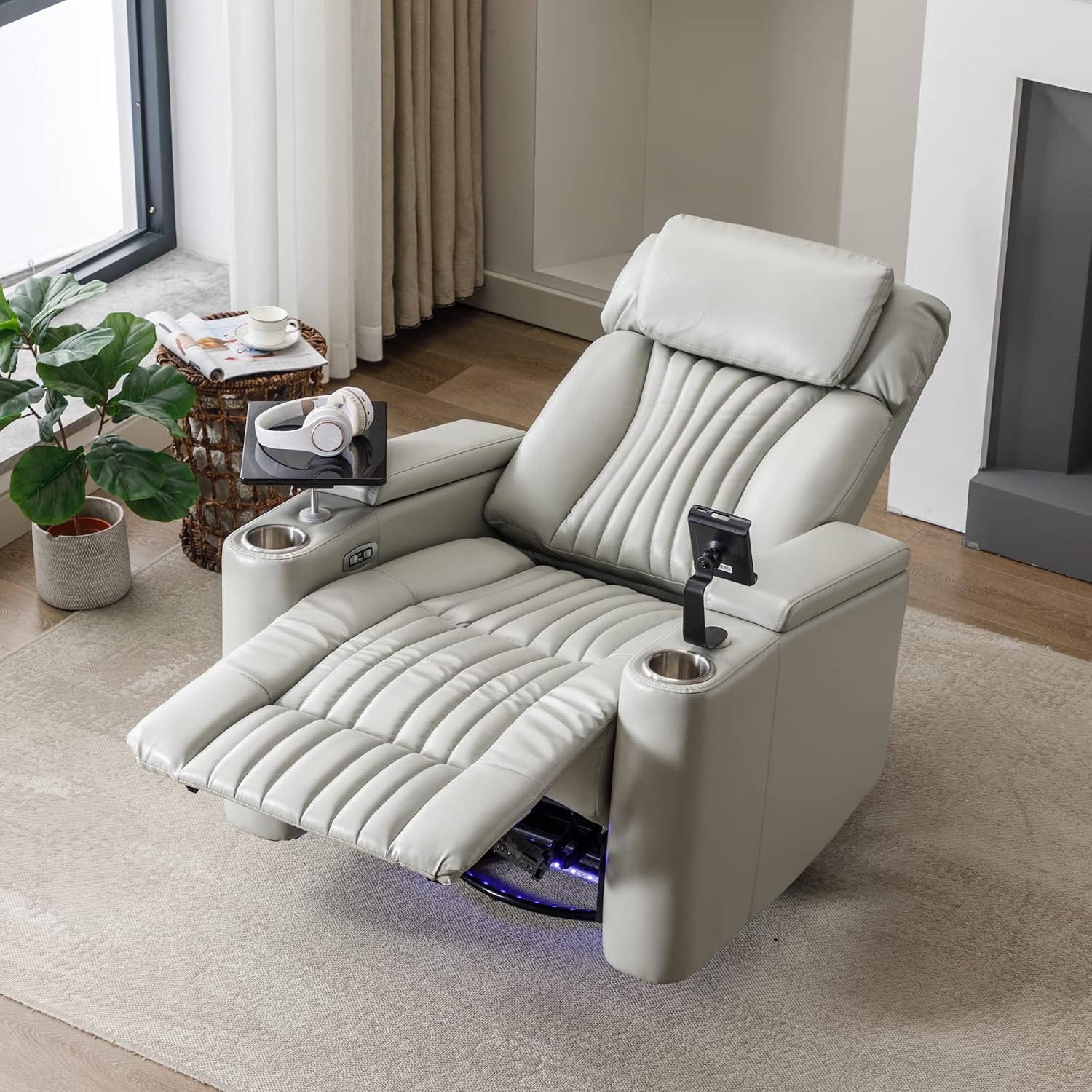 Recliner Chair, 270° Power Swivel Recliner Chair with 360° Swivel Tray Table and Cell Phone Holder, Cup Holder, Home Theater Seating with Hidden Arm Storage, Soft Living Room Chair (Gray/27)