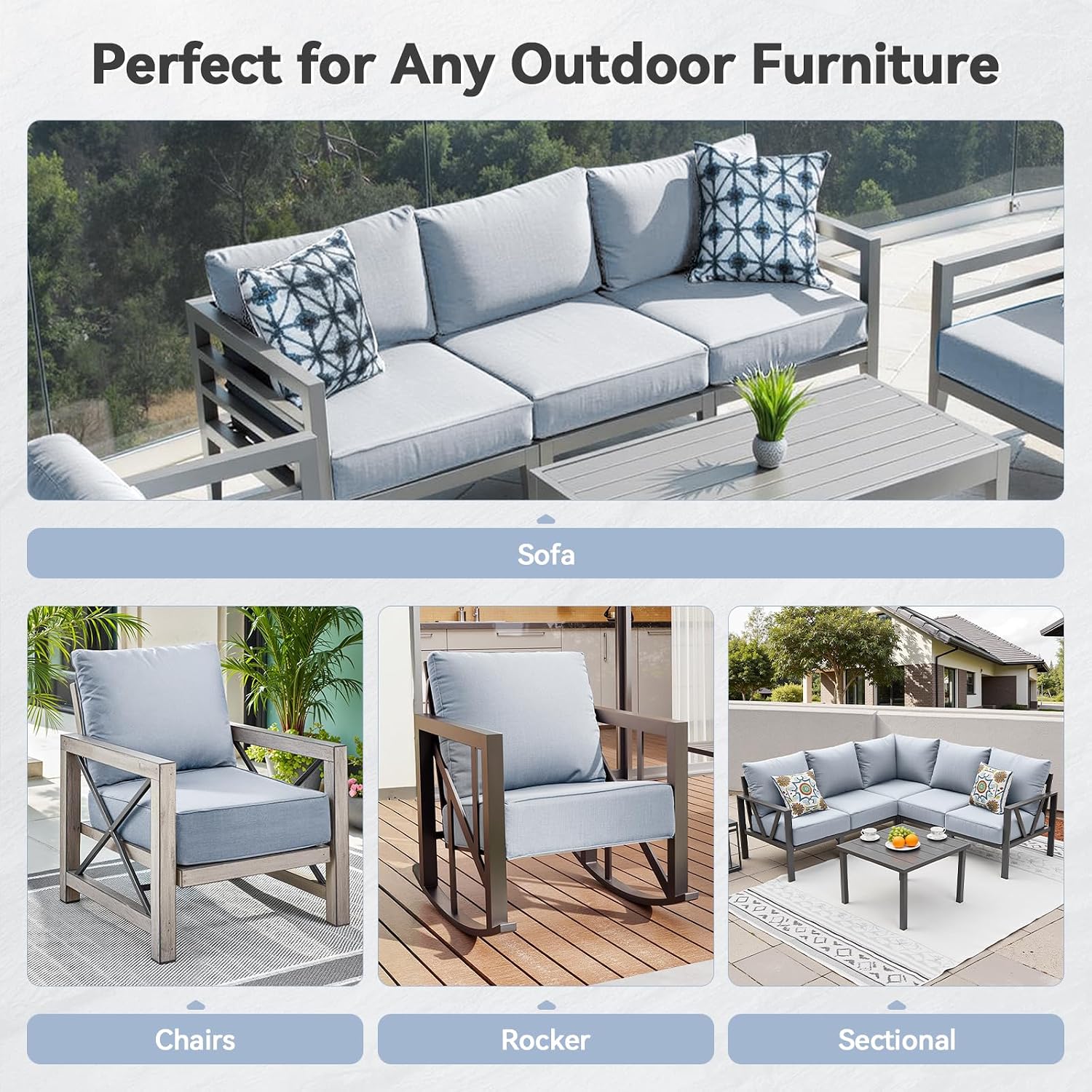 Luxury 6' Outdoor Cushions for Patio Furniture, 24x24x6' Thick Seat Cushion Set, Fade Resistant Couch Chair Replacement Cushions High Density Deep Wicker Chair Cushion with Removable Cover Baby Blue
