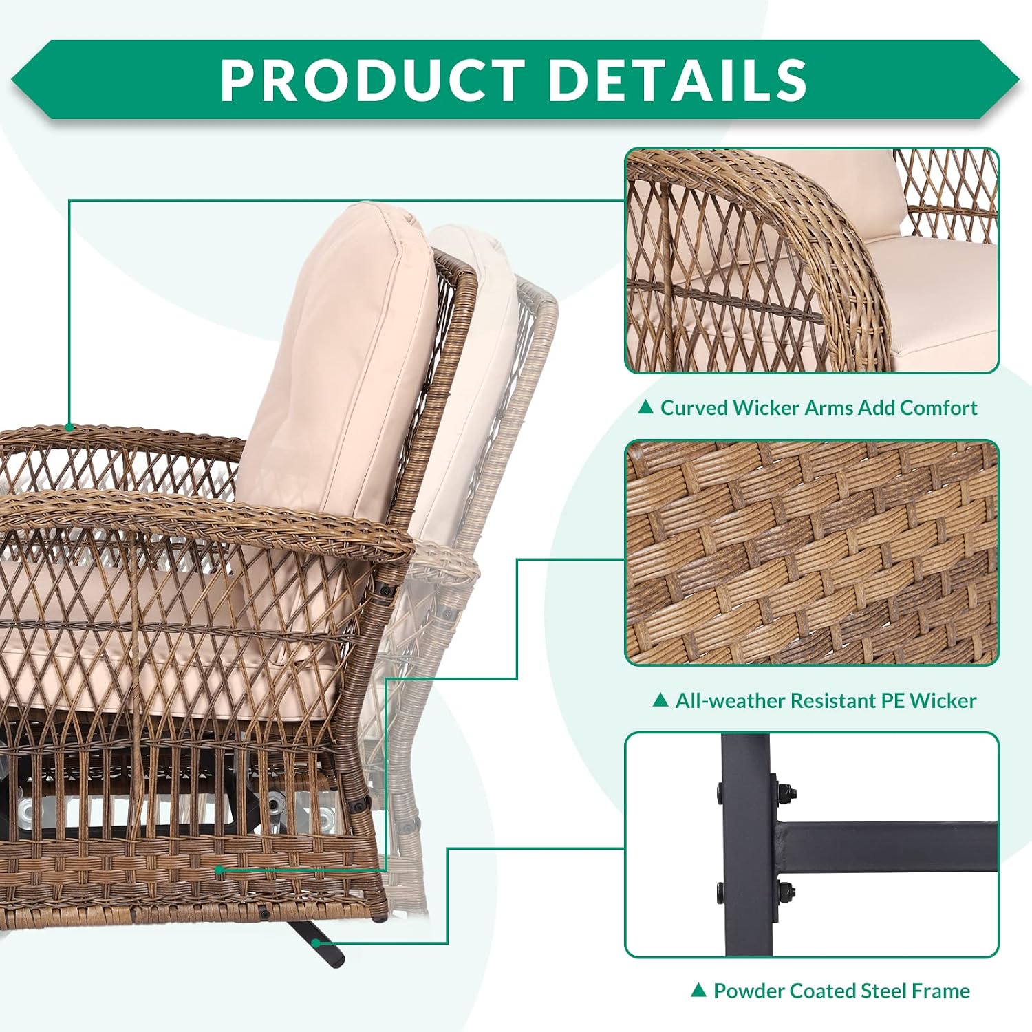 VIVIJASON 2-Piece Outdoor Wicker Glider Rocking Chair, Patio Rattan Swing Glider Chairs with Cushions & Steel Frame, All-Weather Gliding Lawn Wicker Furniture for Garden Backyard Porch