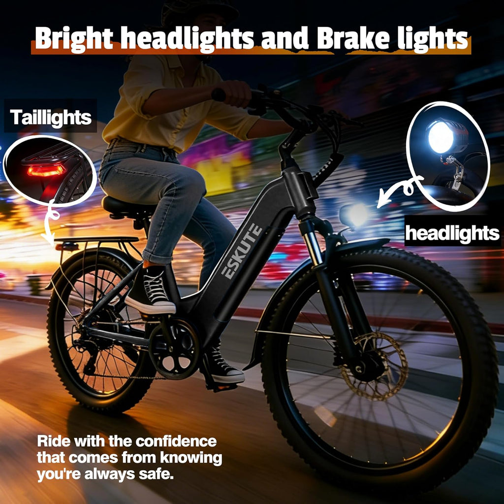 ESKUTE Electric Bike for Adults-1300w Peak Ebike, 28MPH Step Thru Electric Bicycle，70Miles 840 WH Removable Battery e-Bike, 7-Speed 26'' tire, Adjustable Stem,