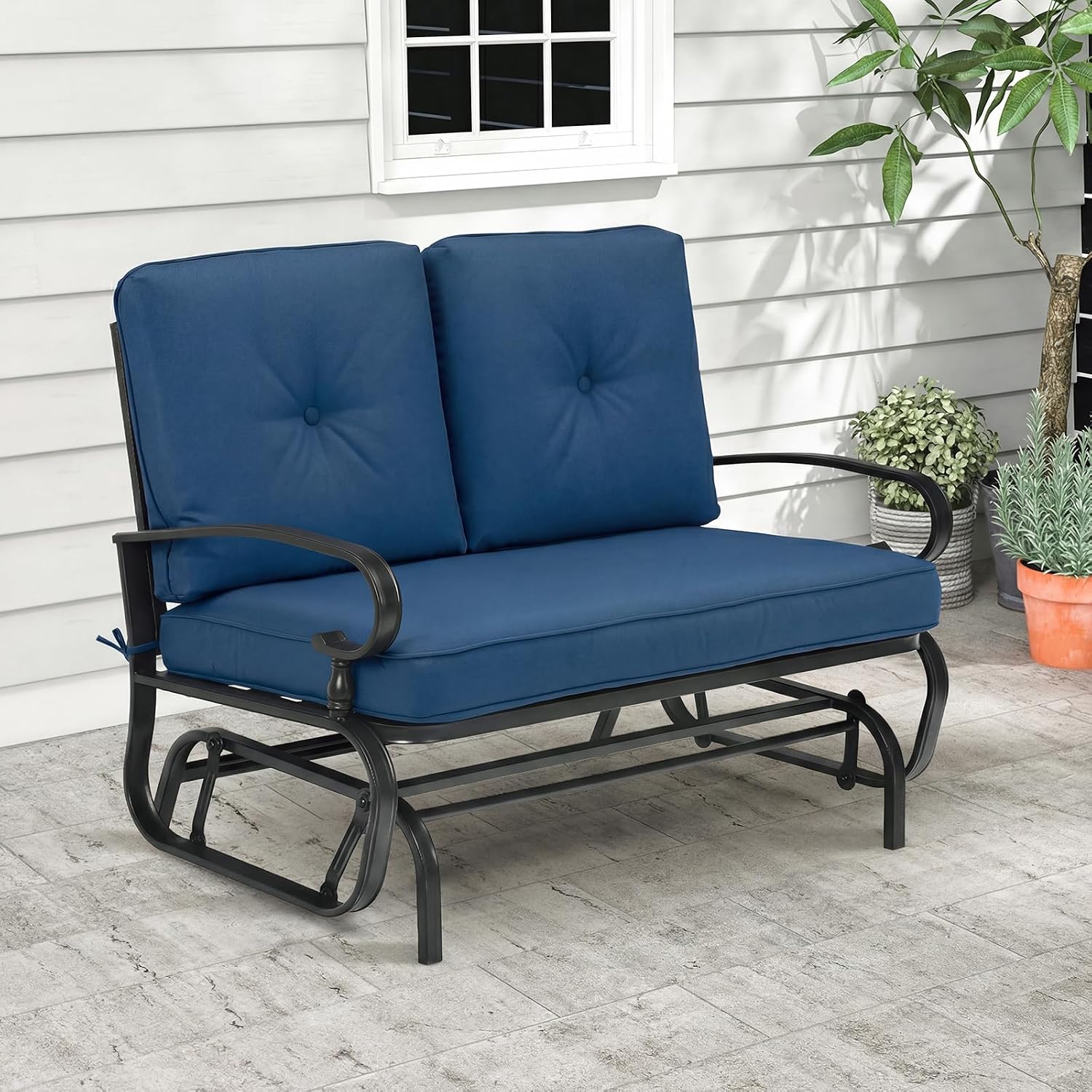 Tangkula Outdoor Swing Glider Chair, Patio Glider Bench for 2 Persons, Outdoor Rocking Loveseat with Steel Frame & Comfortable Cushions for Garden, Porch, Balcony, Poolside (Navy Blue)