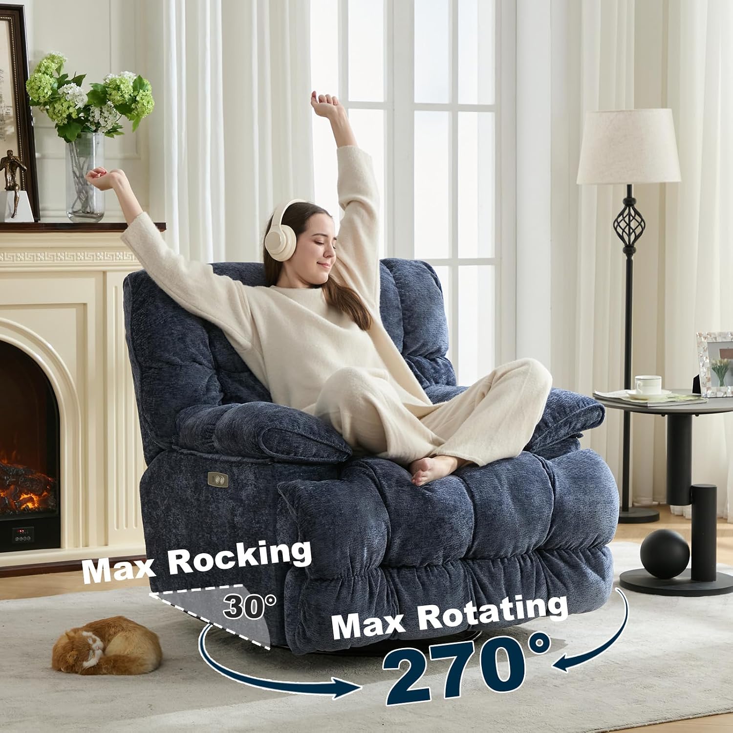 GINGO Power Oversized Recliner Chair, Extra Wide Swivel Rocking Recliner Chair, Breathable Soft Fabric Modern Single Sofa for Living Room, 90°-140° Electric Adjustable Angle, USB & Type-C Port, Blue