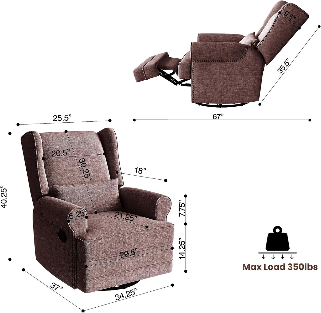 RoyalCraft Swivel Recliner Chair, Comfy Glider Rocking Chairs with Lumbar Pillow and Footrest, Upholstered Swivel Rocking Chair for Living Room, Bedroom, Brown