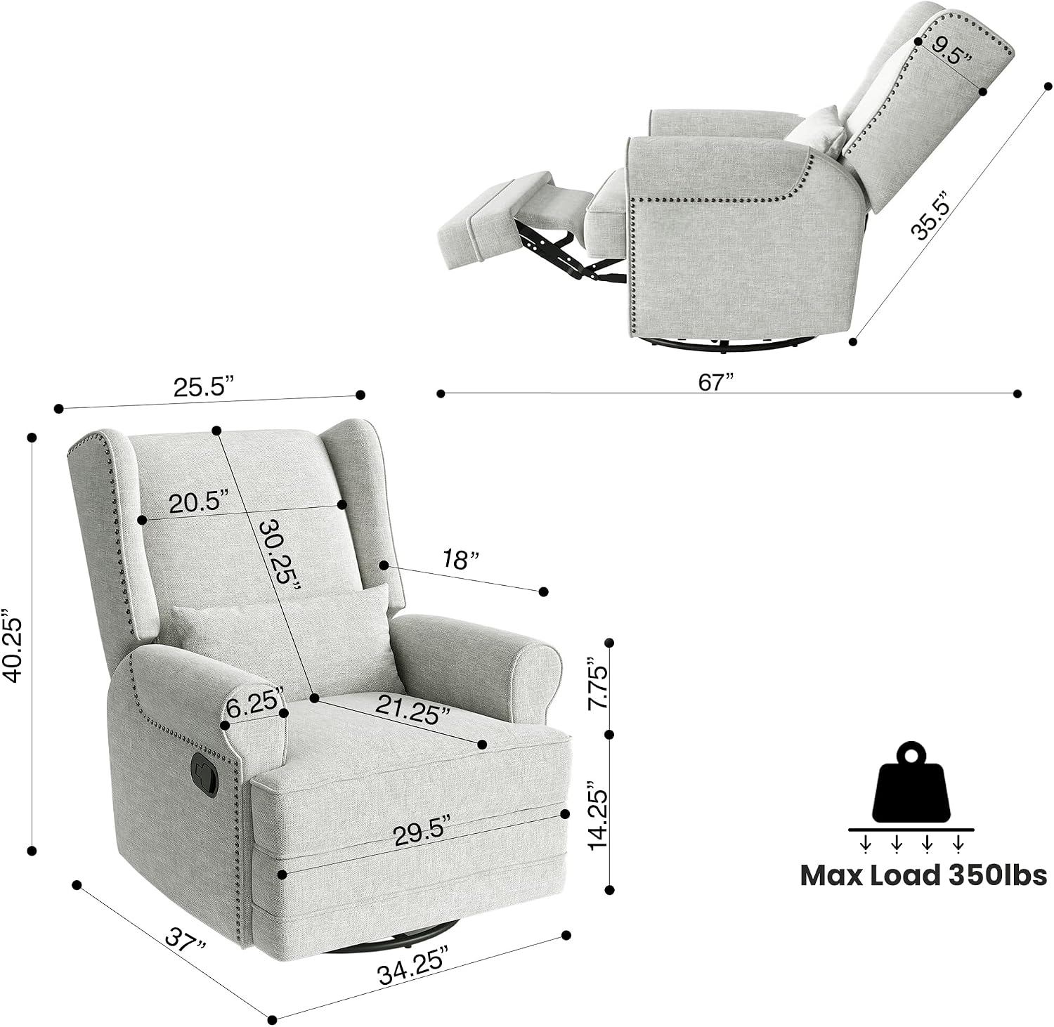 RoyalCraft Swivel Recliner Chair with Extra Large Footrest, Comfy Upholstered Glider Rocking Chair for Living Room, Bedroom and Office, Off White