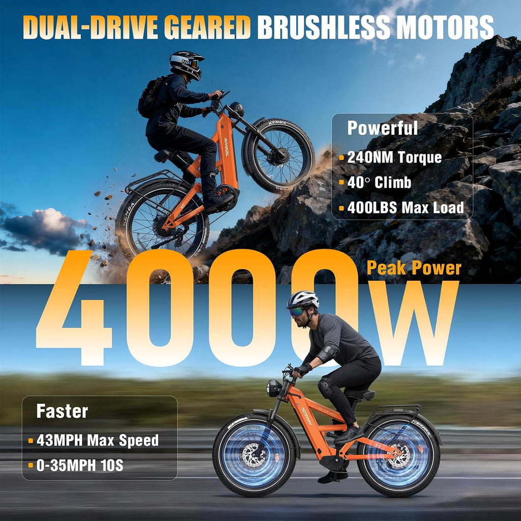 TESWAY X9 Ultra Dual Motor Ebike, 26' Fat Tire Full Suspension AWD Electric Bike for Adults, 4000W 43MPH 240NM, 60V 30Ah(Camo)/25Ah(Other) 120 Miles Long Rang