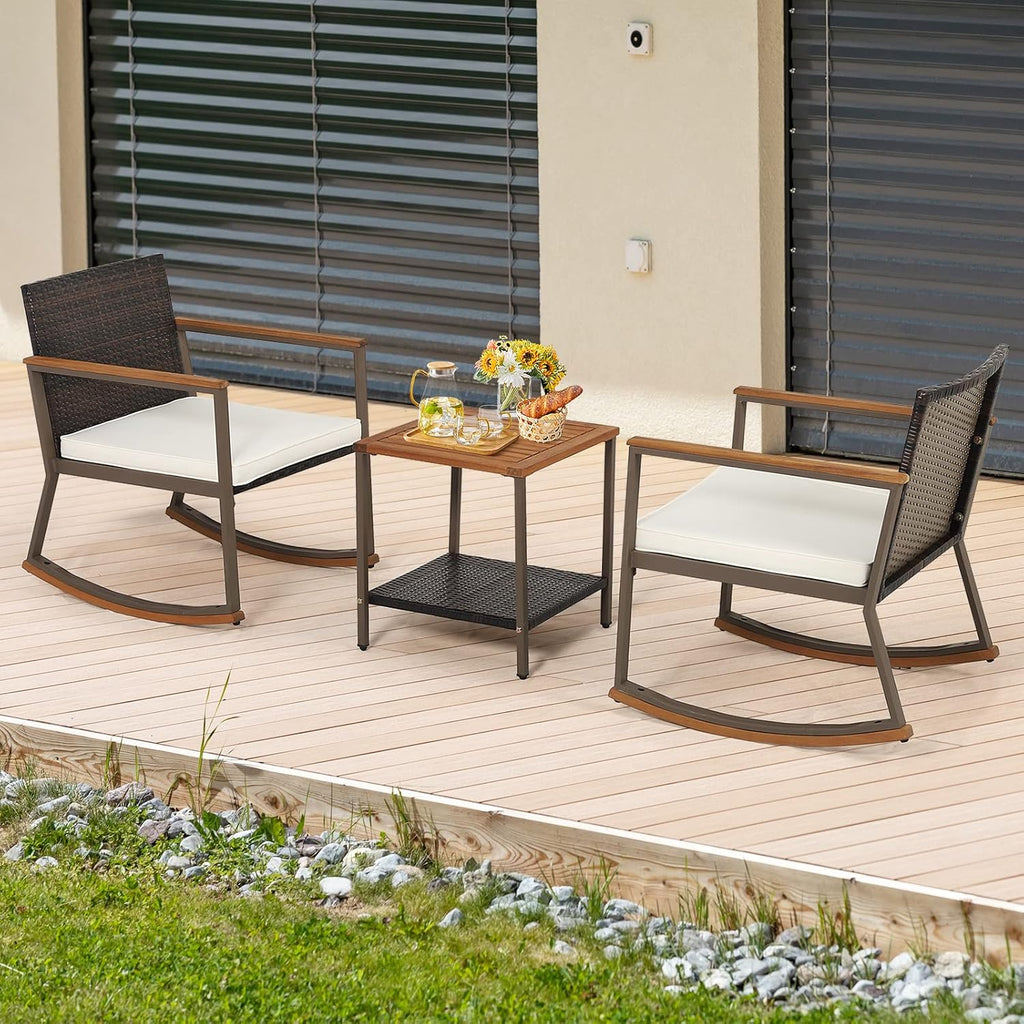 Tangkula 3 Pieces Rocking Bistro Set, Outdoor Rocker Chair with Coffee Table & Cushions, Patio Rattan Furniture Conversation Set for Balcony Porch Poolside (Off White)