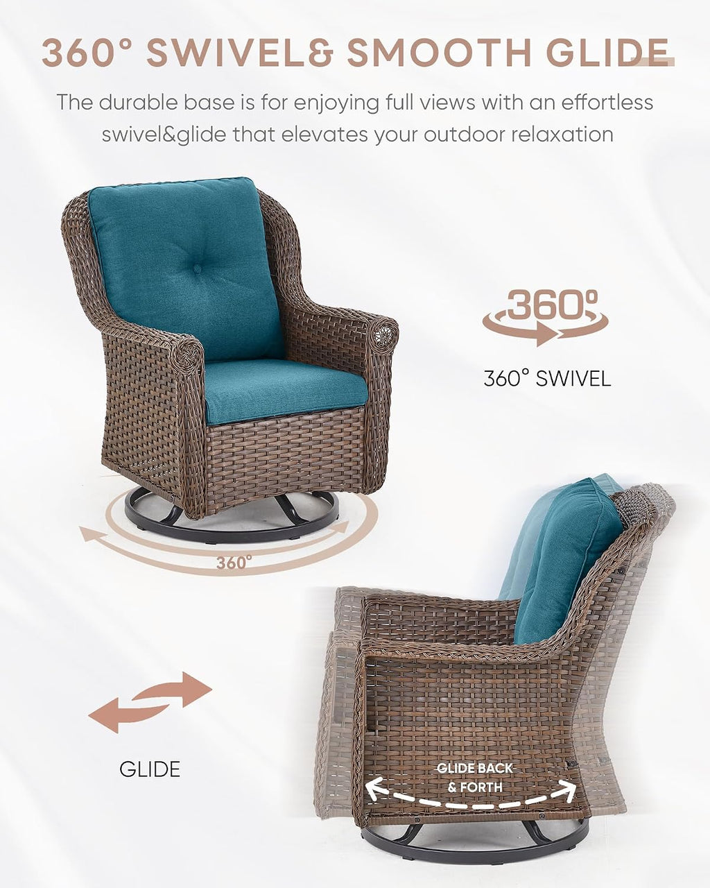 Patio Chairs Outdoor Swivel Glider - Set of 2 High Back Outside Brown Wicker Rattan Rocking Chair with Zippered Cushion for Porch Apartment Deck Yard Poolside Garden - Peacock Blue