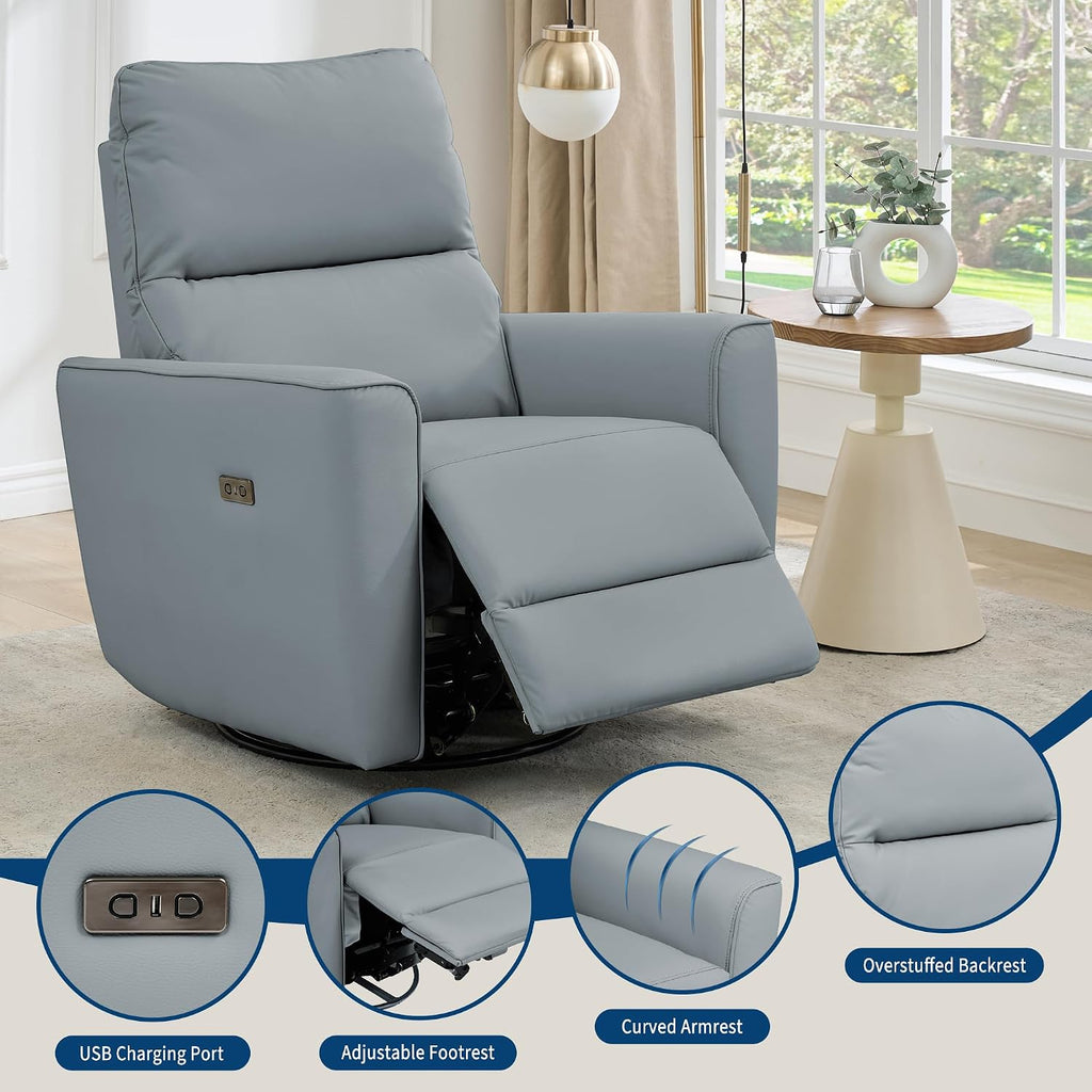 IDEALHOUSE Swivel Rocking Nursery Recliner Chair Rocker Recliner Glider Deep Seat PU Leather Sofa Chair with high Backrest for Nursery, Living Room, Bedroom & Home Movie Theater (Silver)