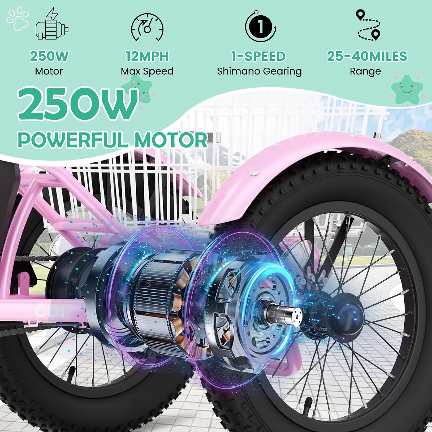 LILYPELLE Electric Tricycle for Youth, 250W Aluminum Frame Electric Tricycle Etrike, 16IN 3 Wheels Electric Bicycle Bikes, 3.0 Fat Tire Electric Trike with Removable Battery and Rear Basket