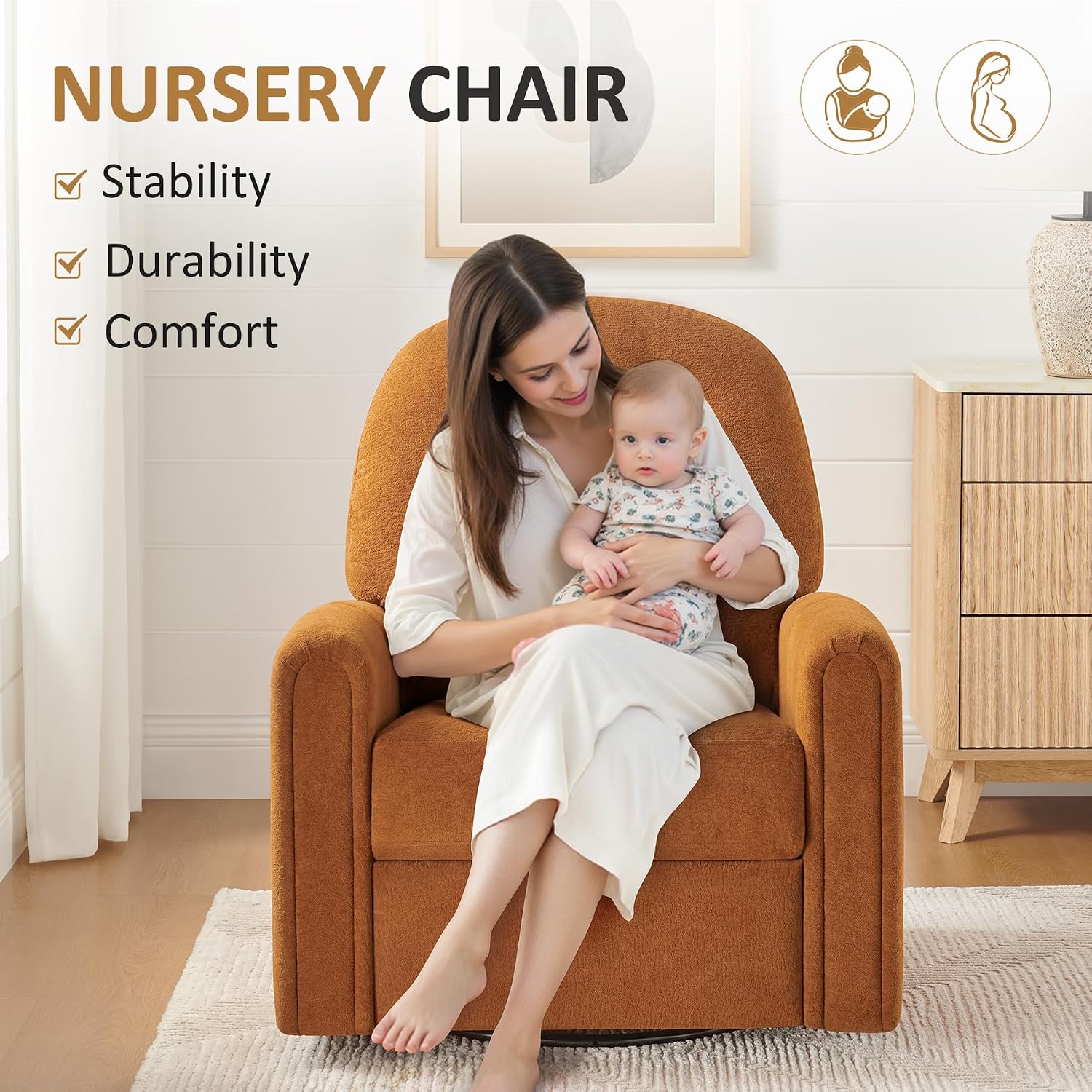 VANOMi 360 Swivel Rocker Recliner Chair, Nursery Rocking Chair with Tufted Backrest, Manual Recliner Chairs for Small Spaces, Upholstered Glider Nursing Chair for Living Room, Bedroom (Curry)