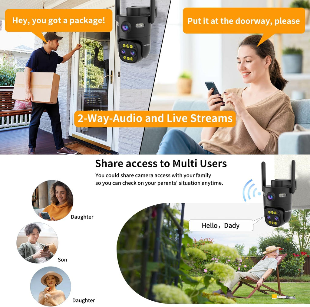 Luovisee 4 Pack Wired Home Camera Outdoor/Indoor with 2K Color Night Vision,AI Human Auto Zoom and Tracking,Pan-Tilt 360° View,Two-Way Audio,Triple-Lens 2.4G/5G WiFi,24/7 Recording,Waterproof