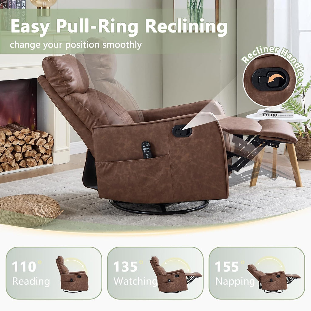 cinkehome Swivel Rocker Recliner, Glider Rocker Recliner Chair for Nursery, Manual Reclining Chair with Heated Massage, Small Spaces, Living Room, Faux Leather Light Brown