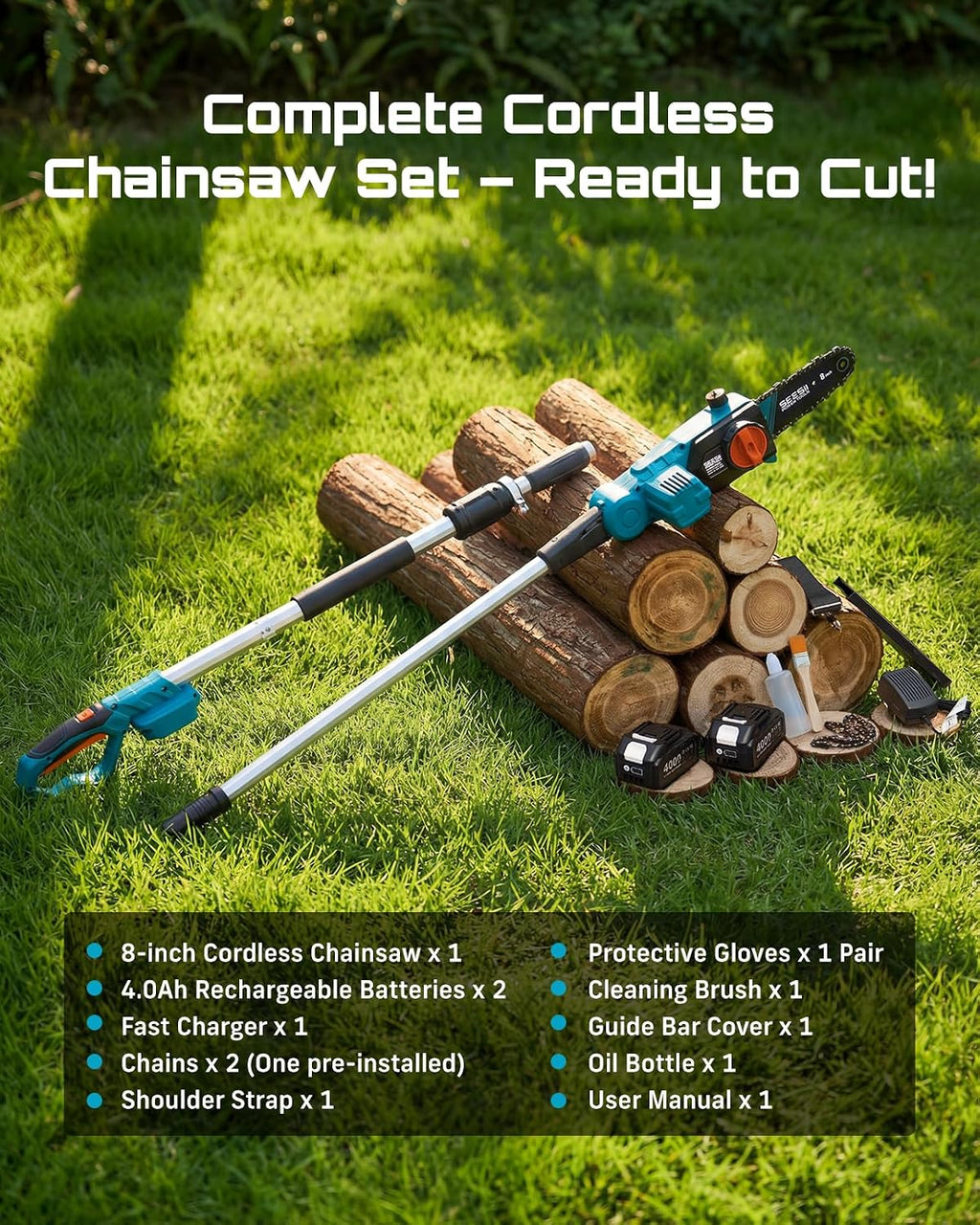 SEESII 8-Inch Electric Pole Saws: 21V Cordless Pole Saws for Tree Trimming, 15-Foot Max Reach, Auto Oiling, Tree Trimmer with 2x4000mAh Battery & Fast Charger, Tree Saw Ideal for Pruning Branches