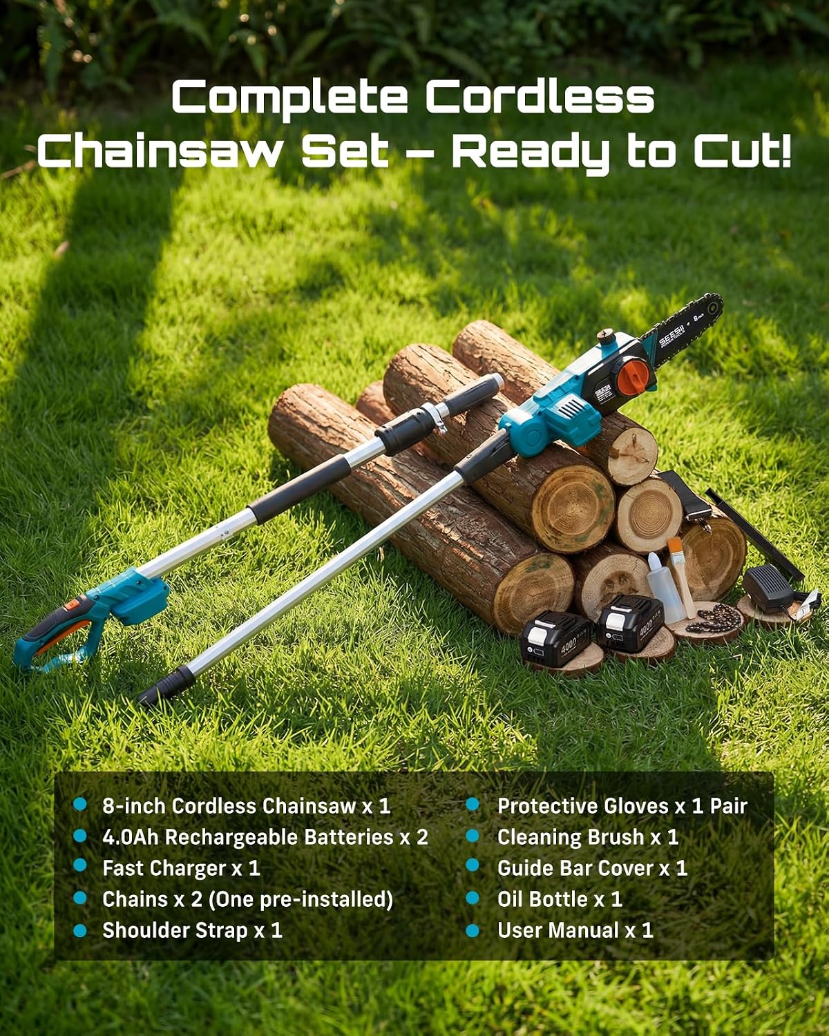 SEESII 8-Inch Electric Pole Saws: 21V Cordless Pole Saws for Tree Trimming, 15-Foot Max Reach, Auto Oiling, Tree Trimmer with 2x4000mAh Battery & Fast Charger, Tree Saw Ideal for Pruning Branches