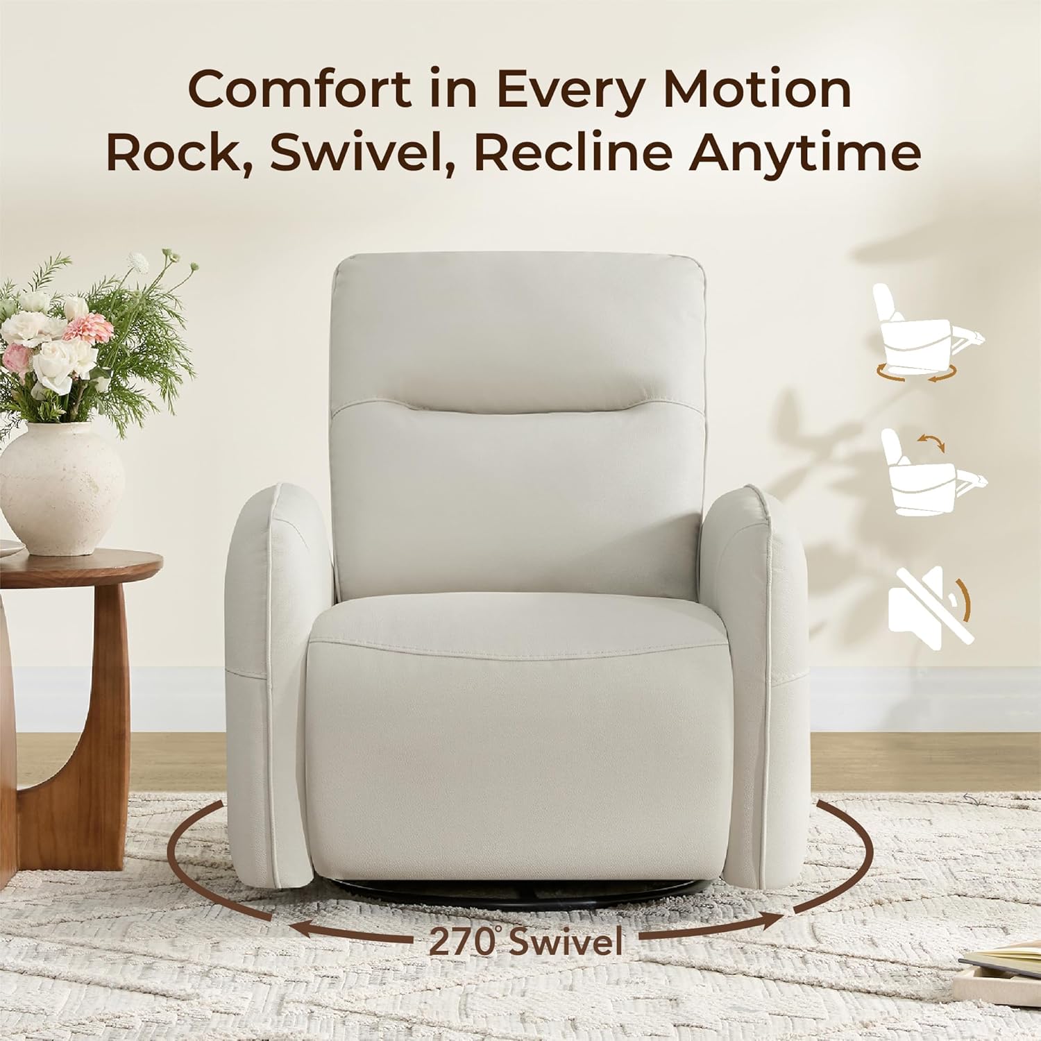 CHITA Faux Leather Power Recliner Chair, Swivel Glider Recliner for Adults, Nursery Rocking Chair with USB & Type-C Charging for Living Room, Bedroom, Creamy Grey