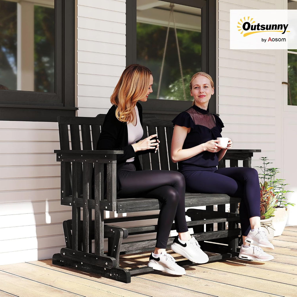 Outsunny 2-Person Patio Swing Glider Bench with Quick Drying Design and Wide Armrest, Wood Rocking Chair Loveseat for Backyard Garden Porch, Black