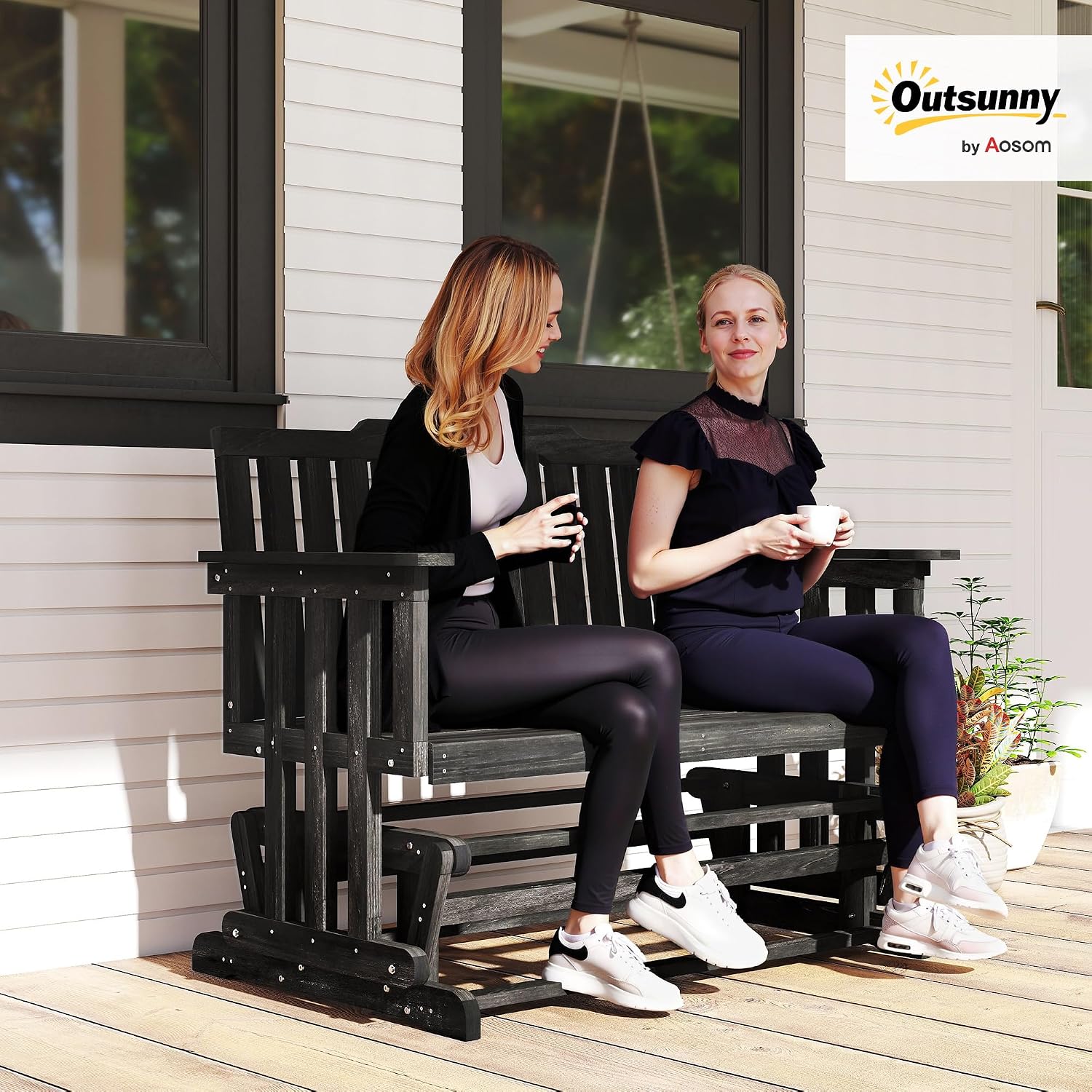 Outsunny 2-Person Patio Swing Glider Bench with Quick Drying Design and Wide Armrest, Wood Rocking Chair Loveseat for Backyard Garden Porch, Black