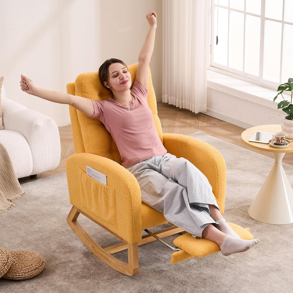 Nursery Rocking Chair with Retractable Footrest,Accent Rocker for Relaxing, Side Pocket,A+ Grade Rubber Wood,Suitable for Living Room,Bedroom and Balcony (Teddy Fleece, Yellow)