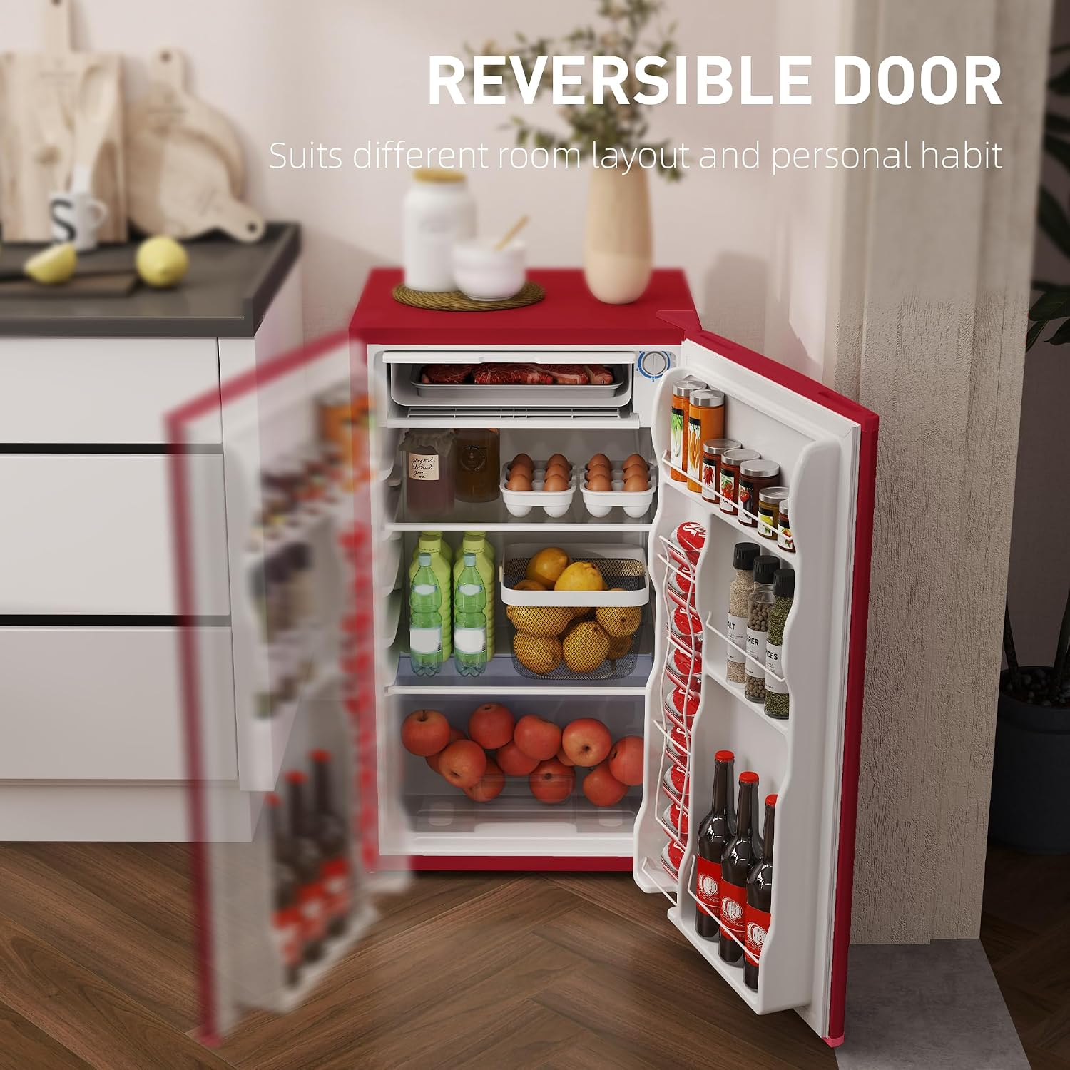 HOMCOM 3.2 Cu.Ft Mini Fridge with Freezer, Compact Refrigerator with Adjustable Thermostat, Shelf and Single Reversible Door for Bedroom, Dorm, Home Office, Energy Efficient, Red