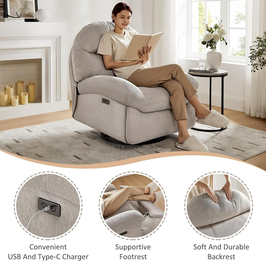 VANOMi Power Recliner Chair with USB & Type-C Charging, 270° Swivel Glider Rocker, Electric Nursery Recliner for Living Room, Bedroom, and Office, Camel