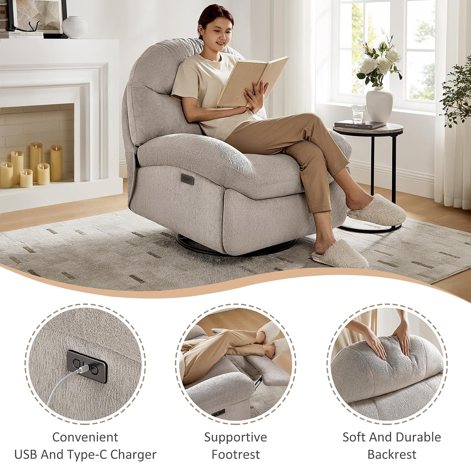 VANOMi Power Recliner Chair with USB & Type-C Charging, 270° Swivel Glider Rocker, Electric Nursery Recliner for Living Room, Bedroom, and Office, Camel