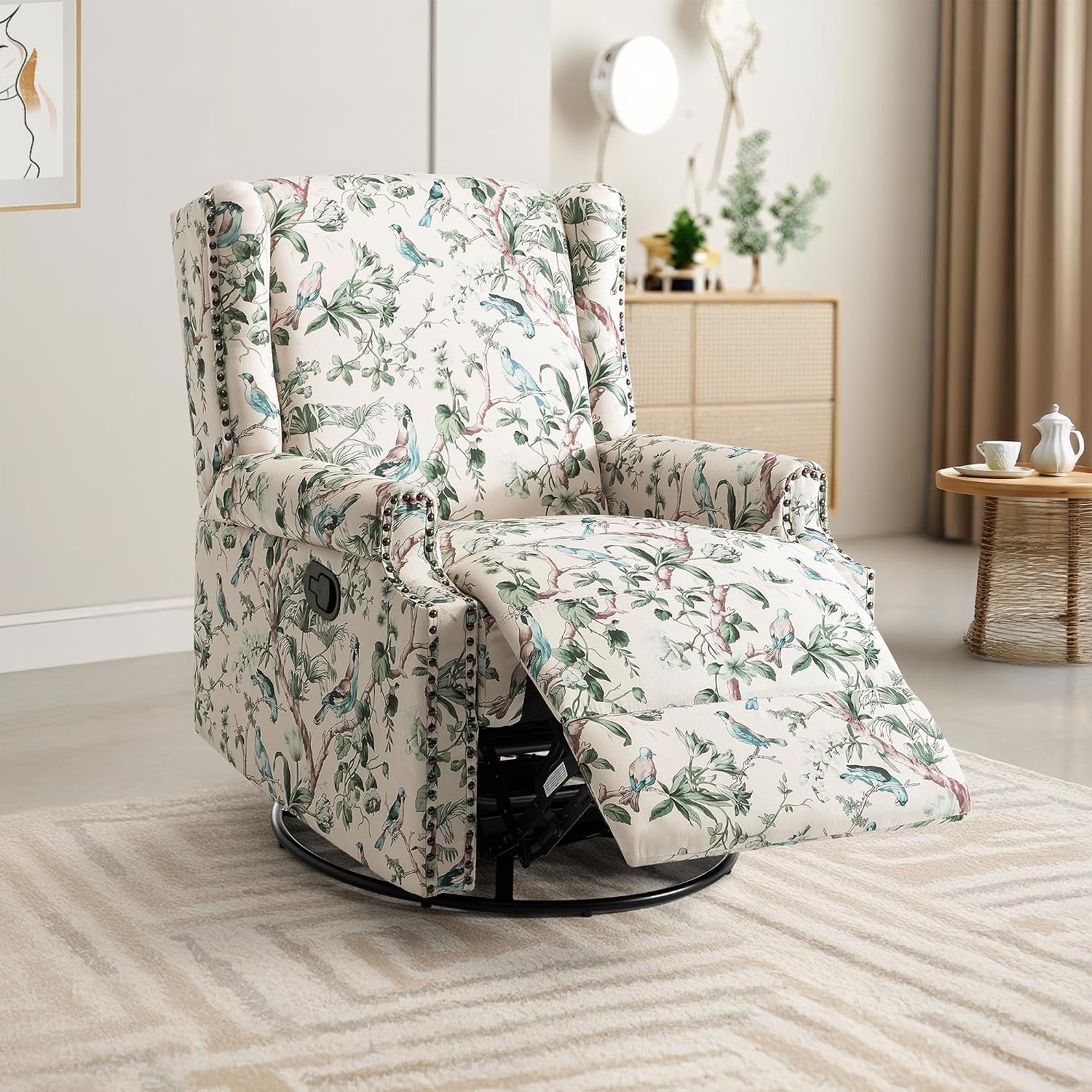 Lumibee Swivel Rocker Recliner Chair, Printed Fabric High Back Swivel Glider Rocking Chair, Upholstered Deep Seat Wingback Recliner Chair for Living Room Bedroom, Bird