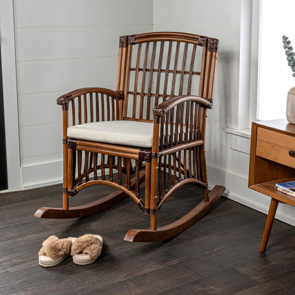 JONATHAN Y RCK200A Swayze Bohemian Farmhouse Woven Rattan/Wood Rocking Chair White Cushion with Brown Frame for Home, Living Room, Bedroom. Guestroom, Foyer, Library